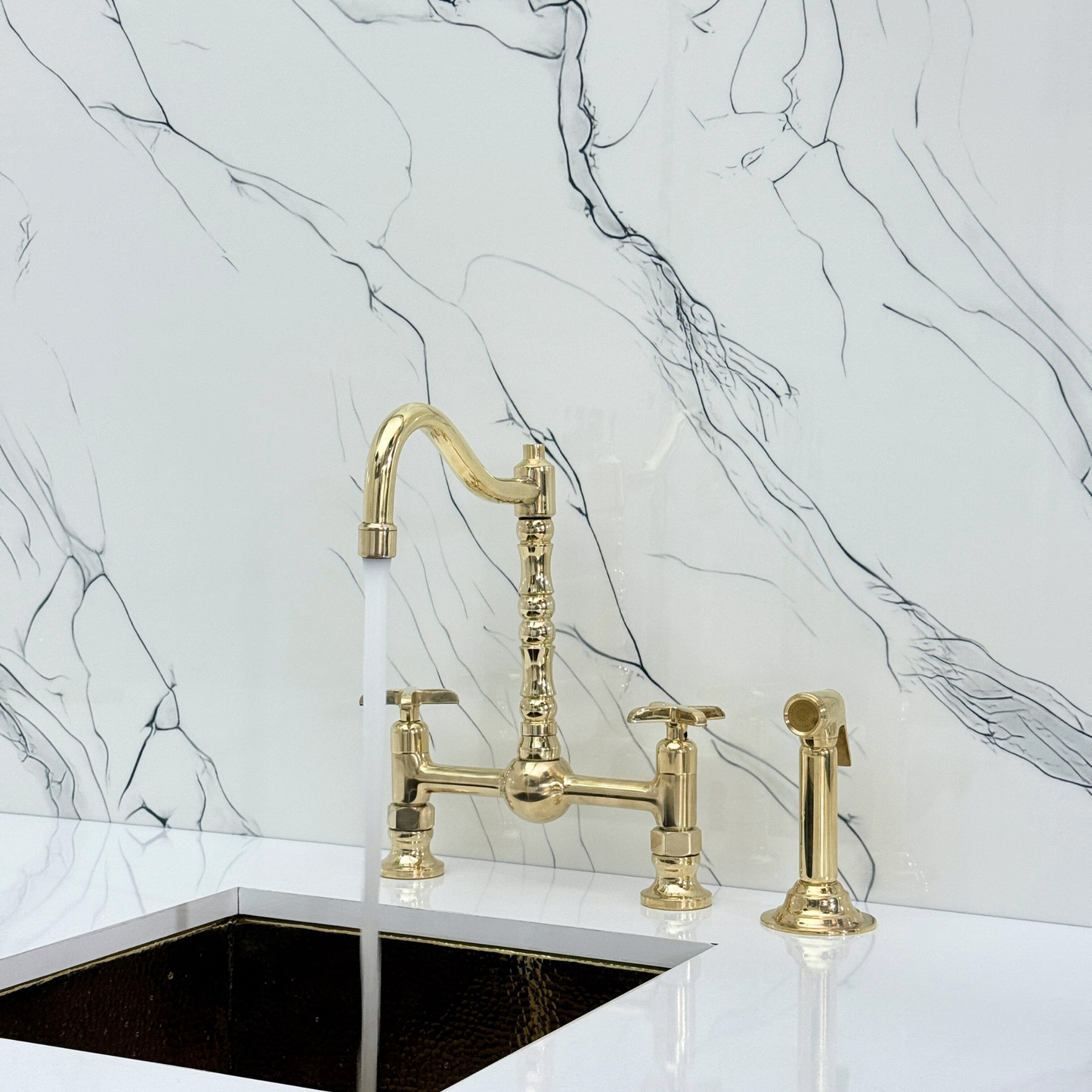 Unlacquered Brass Victorian Bridge Faucet with Ball Center, Sprayer, Cold Water Faucet, and Cross Handles