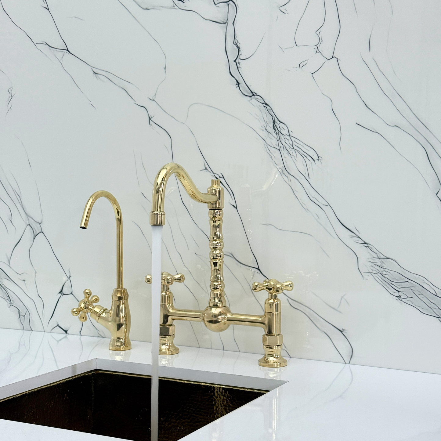 Unlacquered Brass Victorian Bridge Faucet with Ball Center, Sprayer, Cold Water Faucet, and Cross Handles