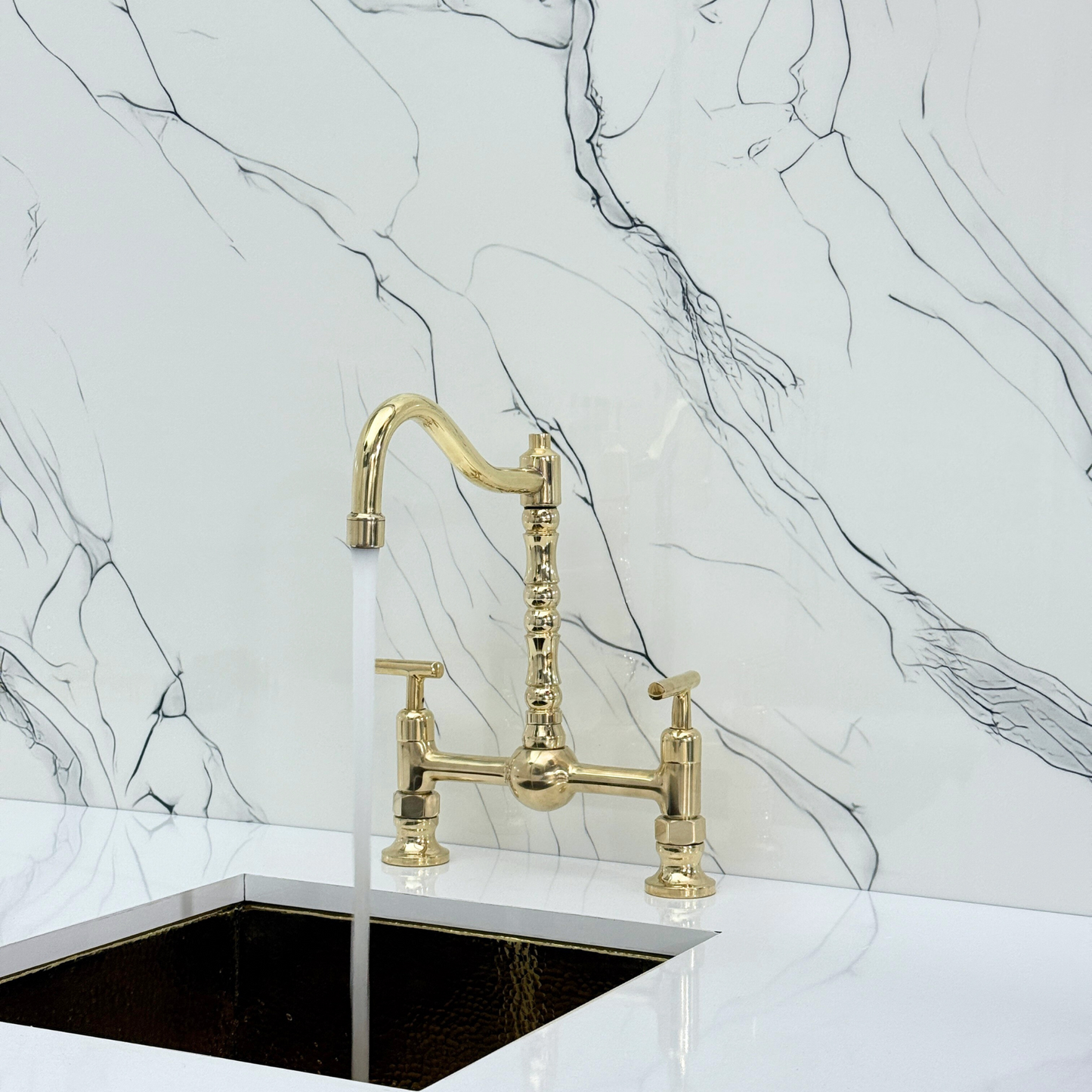 Unlacquered Brass Victorian Bridge Faucet with Ball Center, Sprayer, Cold Water Faucet, and Lever Handles