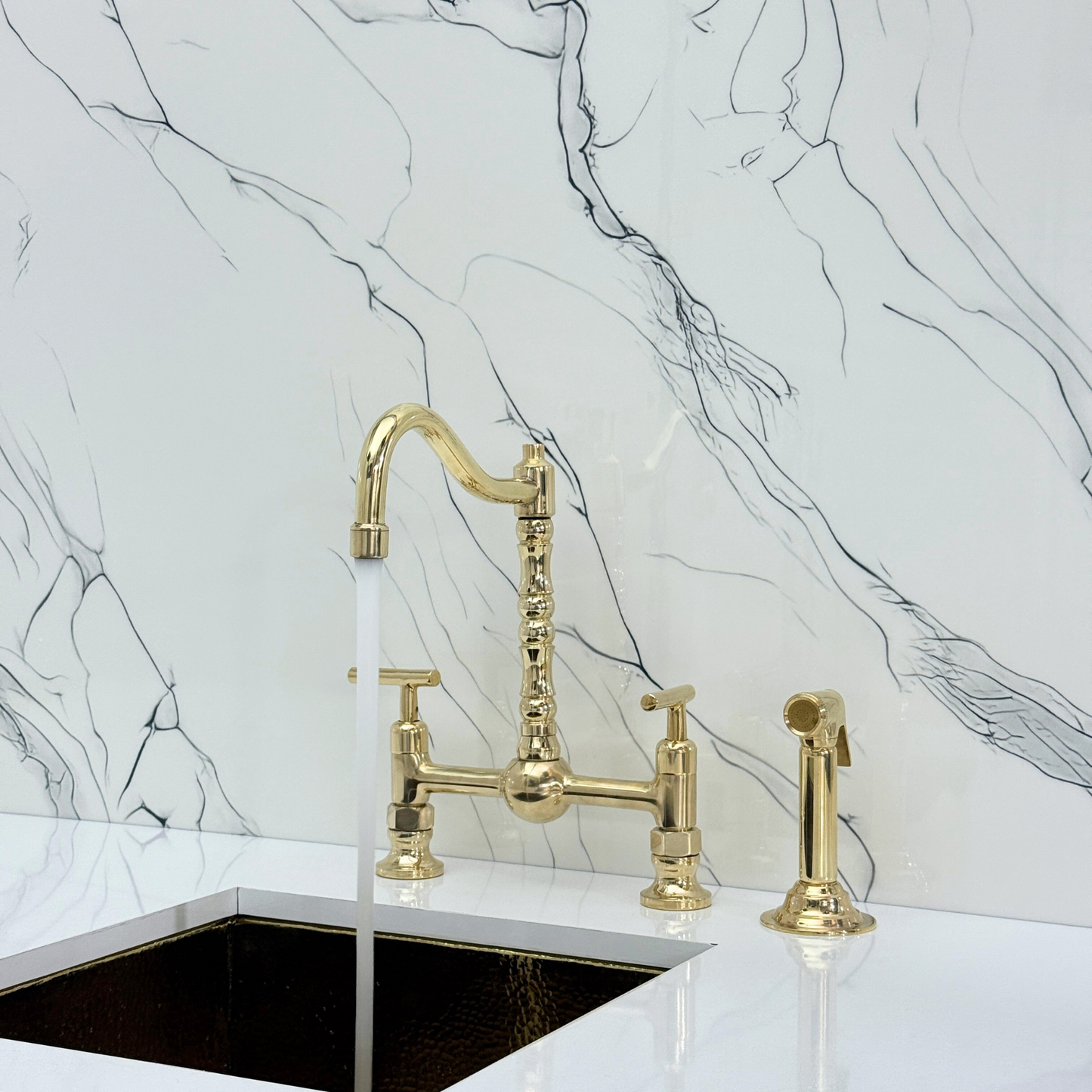 Unlacquered Brass Victorian Bridge Faucet with Ball Center, Sprayer, Cold Water Faucet, and Lever Handles