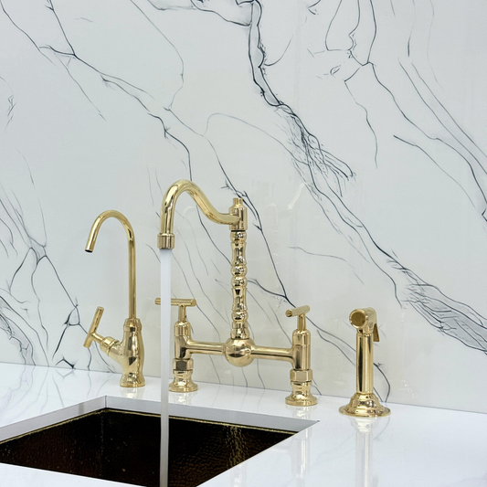 Unlacquered Brass Victorian Bridge Faucet with Ball Center, Sprayer, Cold Water Faucet, and Lever Handles