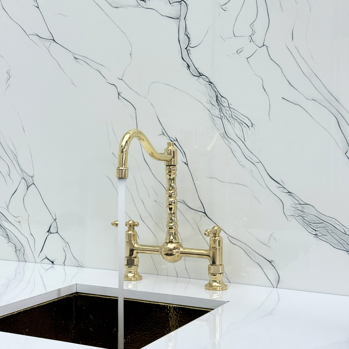 Unlacquered Brass Victorian Bridge Faucet with Ball Center, Sprayer, Cold Water Faucet, and Lever Handles