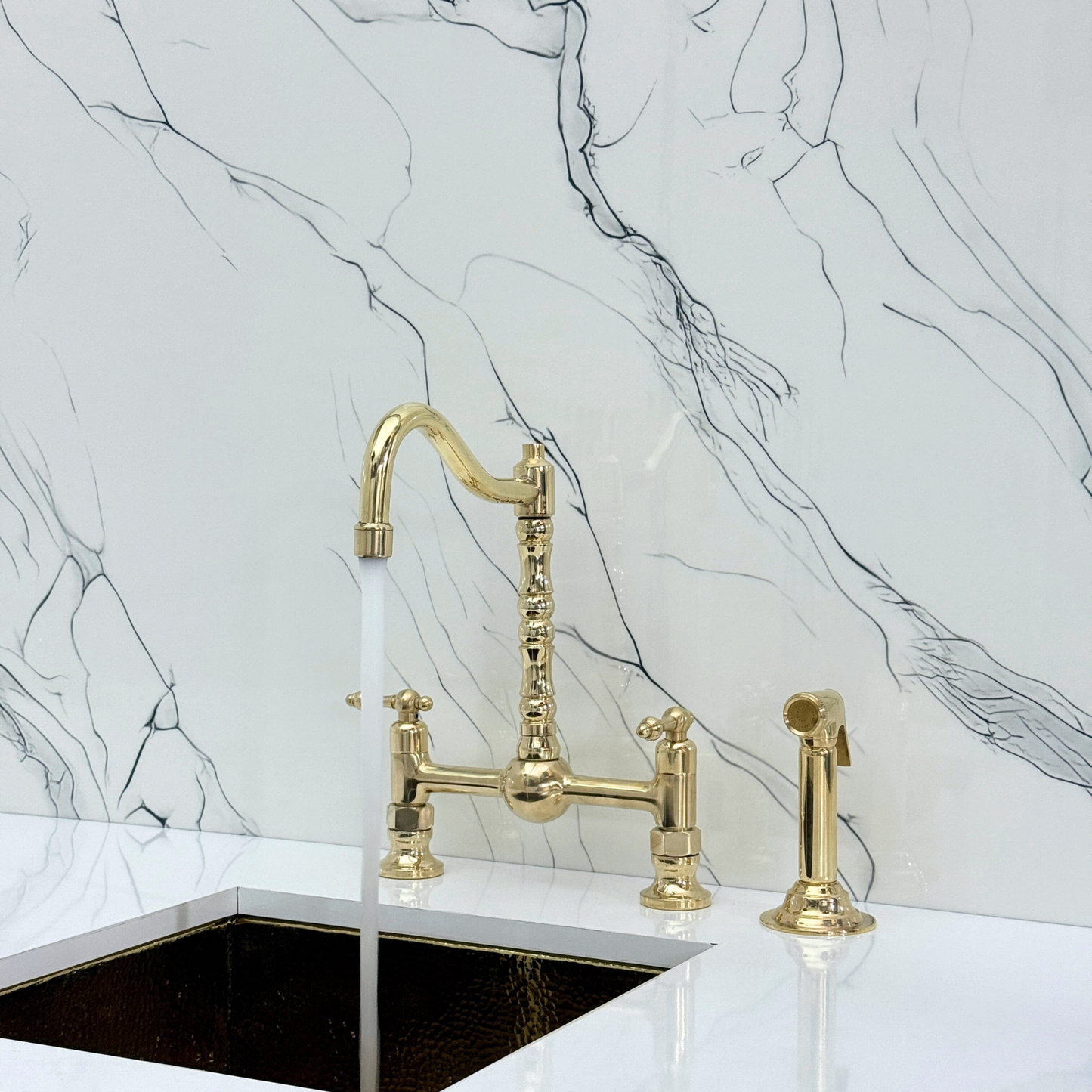 Unlacquered Brass Victorian Bridge Faucet with Ball Center, Sprayer, Cold Water Faucet, and Lever Handles