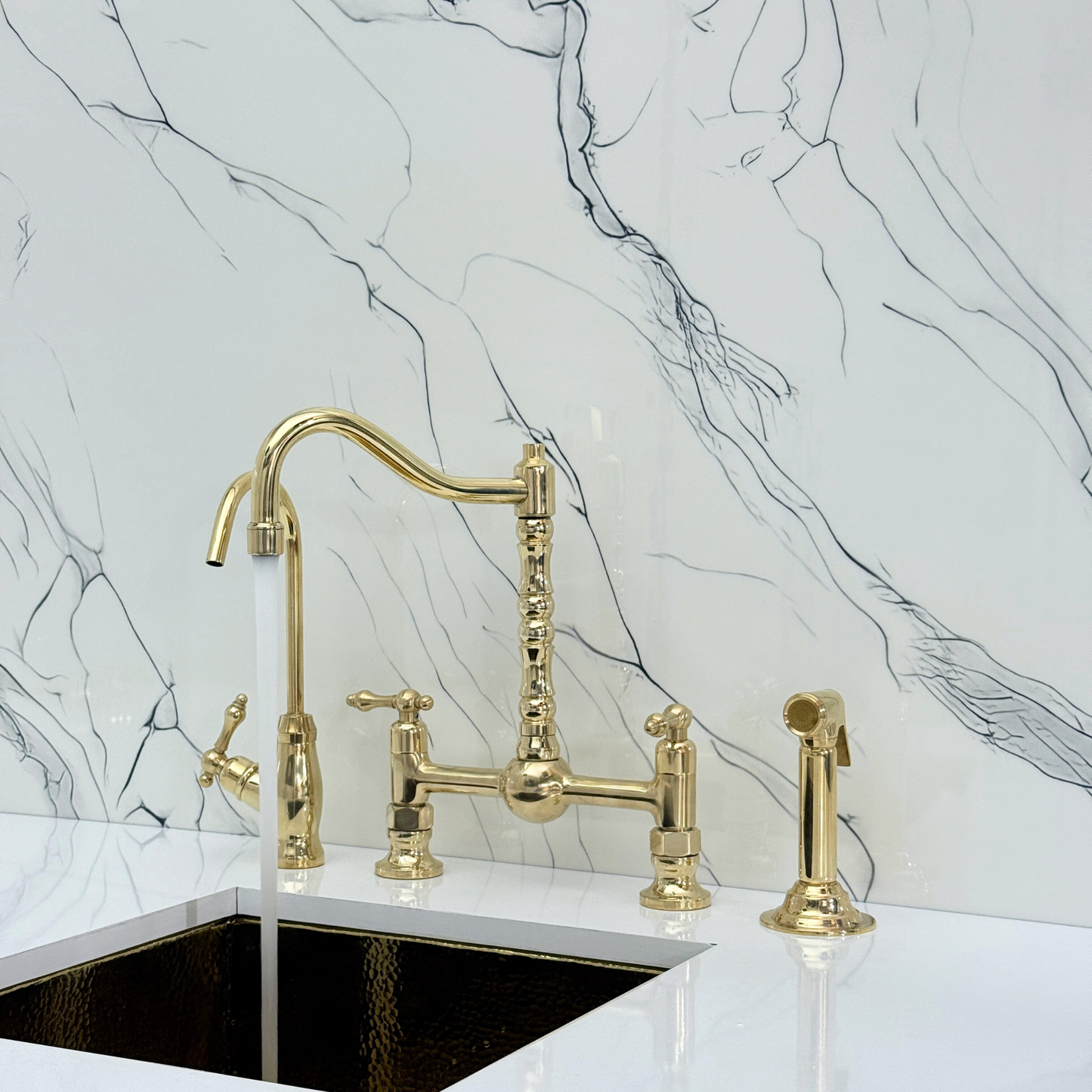 Unlacquered Brass Victorian Bridge Faucet with Ball Center, Sprayer, Cold Water Faucet, and Lever Handles