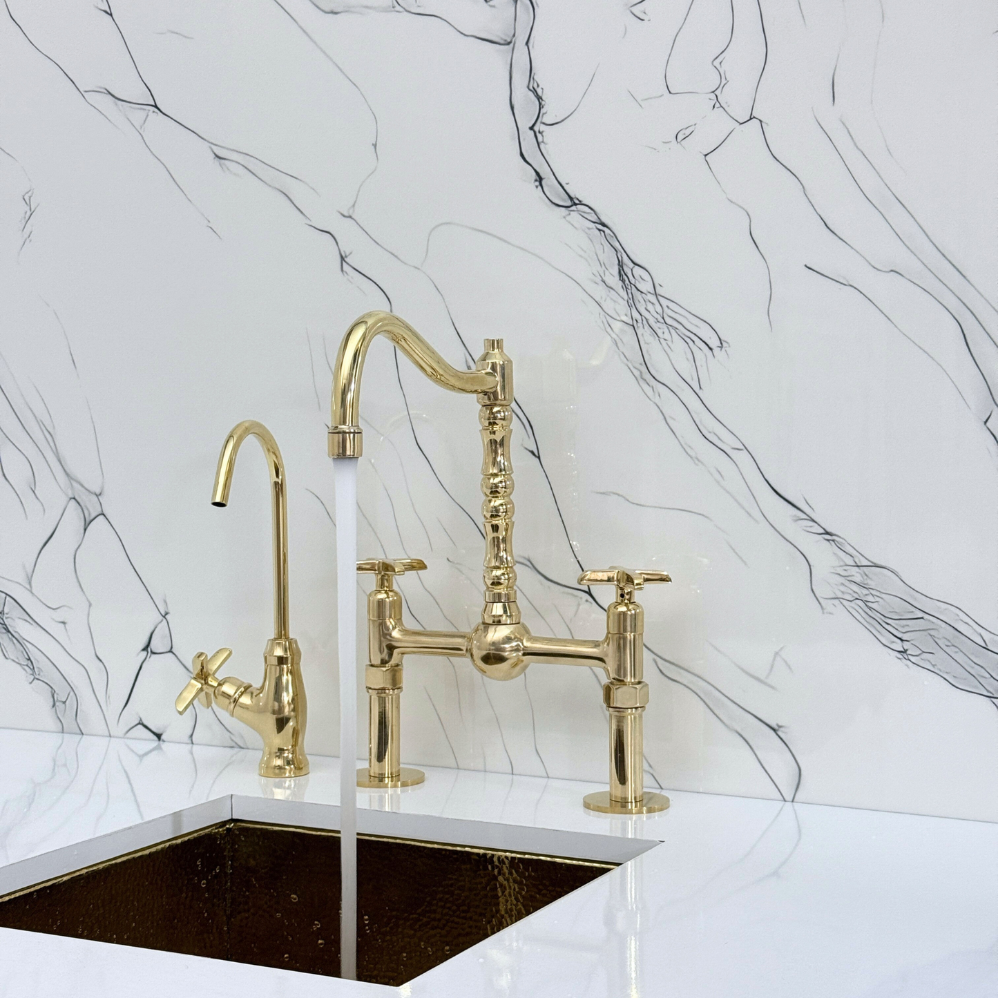 Unlacquered Brass Victorian Bridge Faucet with Sprayer, Cold Water Faucet, Straight Legs and Cross Handles