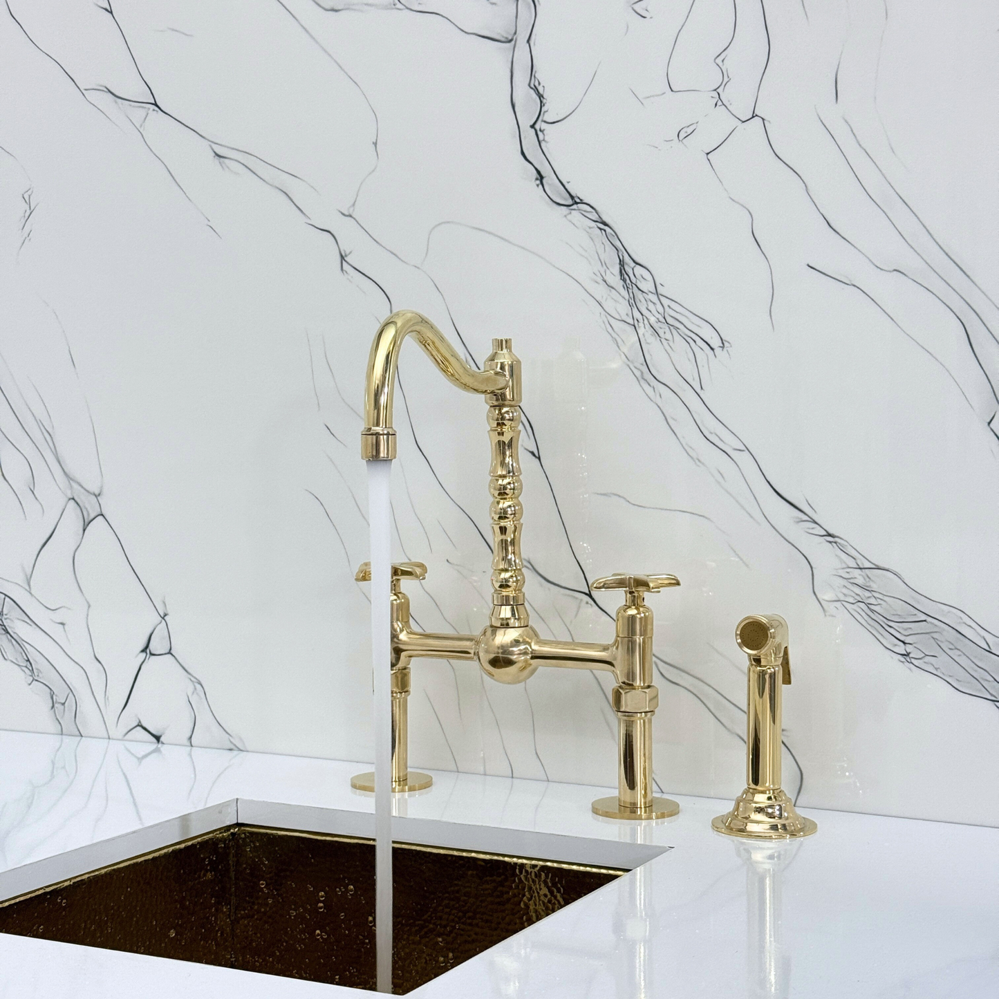 Unlacquered Brass Victorian Bridge Faucet with Sprayer, Cold Water Faucet, Straight Legs and Cross Handles