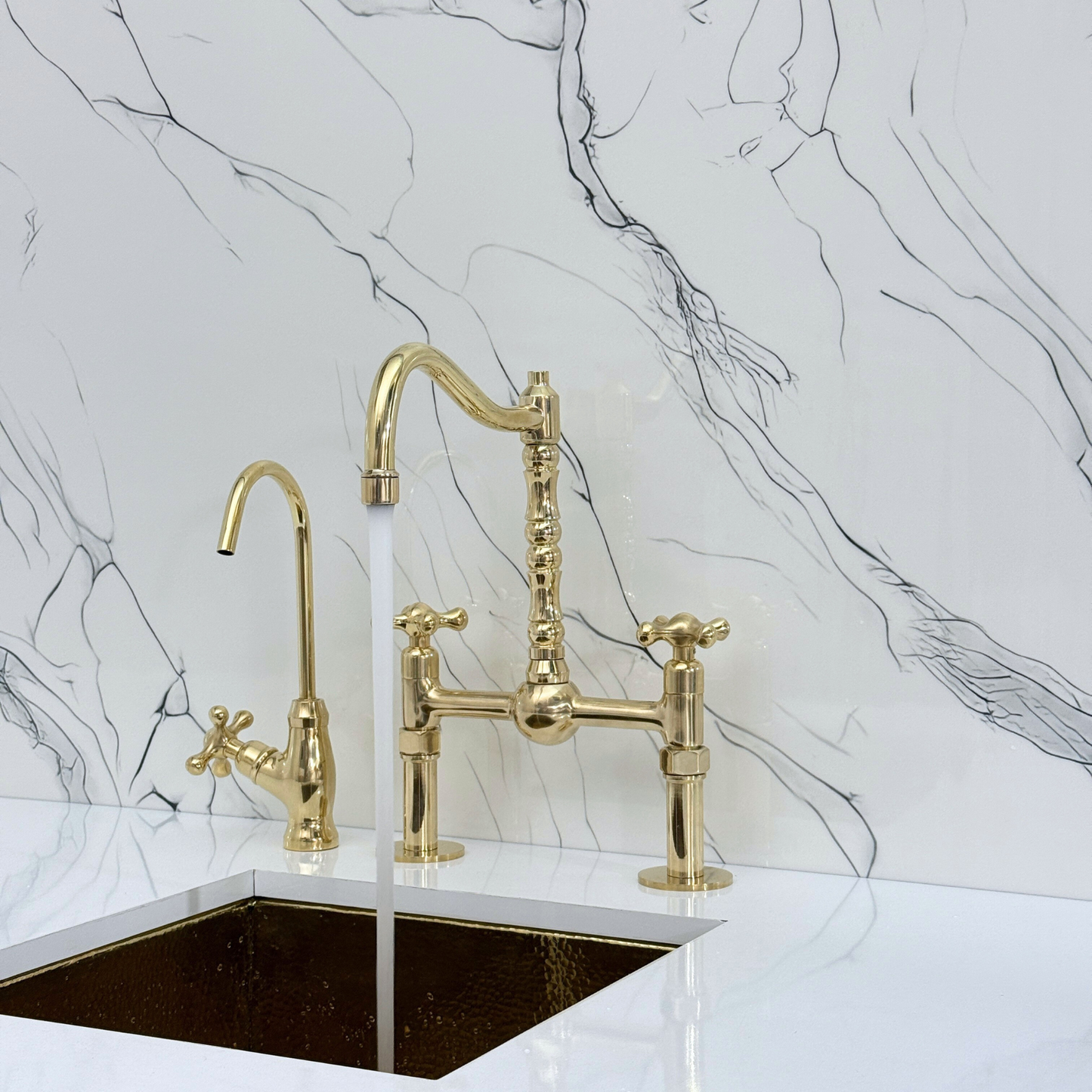 Unlacquered Brass Victorian Bridge Faucet with Sprayer, Cold Water Faucet, Straight Legs and Cross Handles