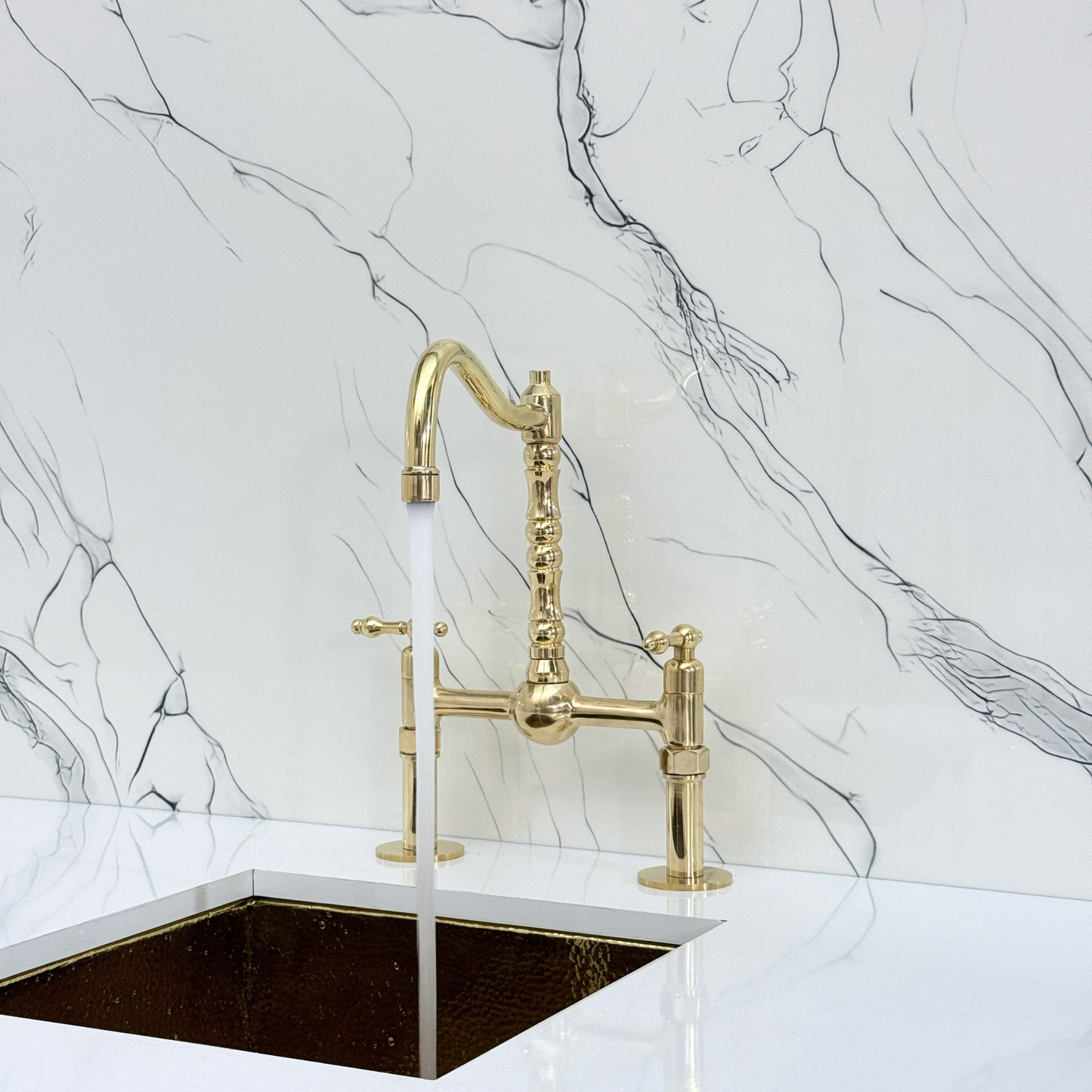 Unlacquered Brass Victorian Bridge Faucet with Sprayer, Cold Water Faucet, Straight Legs and Lever Handles