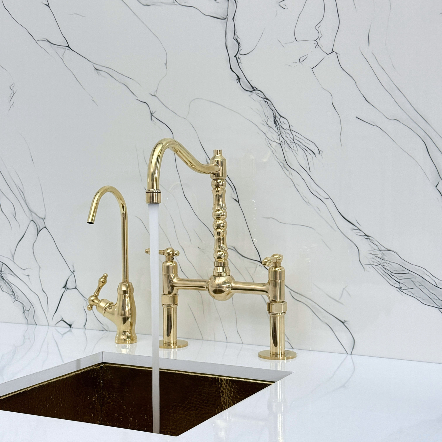 Unlacquered Brass Victorian Bridge Faucet with Sprayer, Cold Water Faucet, Straight Legs and Lever Handles