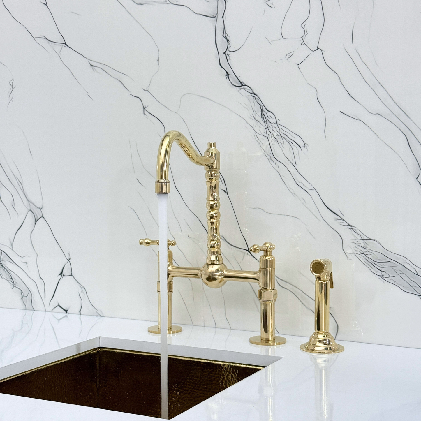 Unlacquered Brass Victorian Bridge Faucet with Sprayer, Cold Water Faucet, Straight Legs and Lever Handles