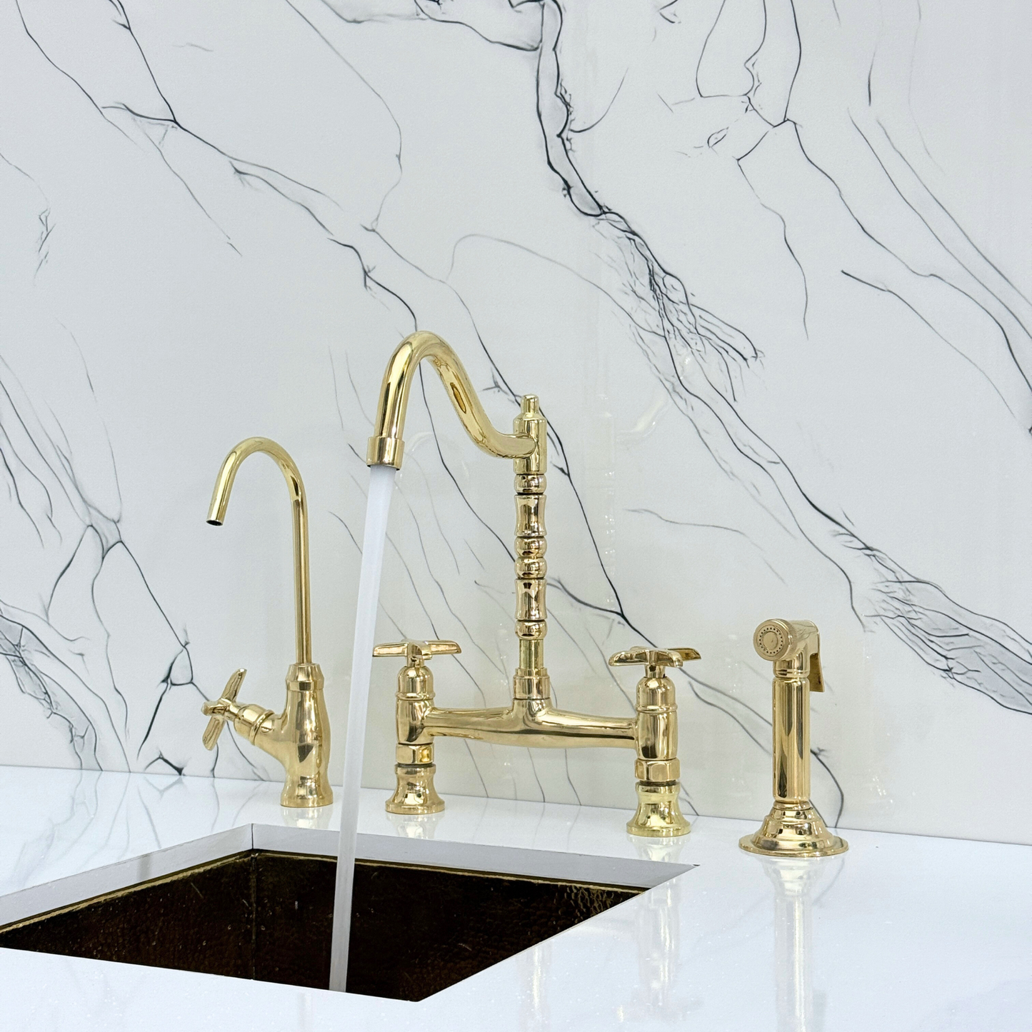 Unlacquered Brass Victorian Bridge Faucet with Cold Water Faucet, Sprayer and Cross Handles