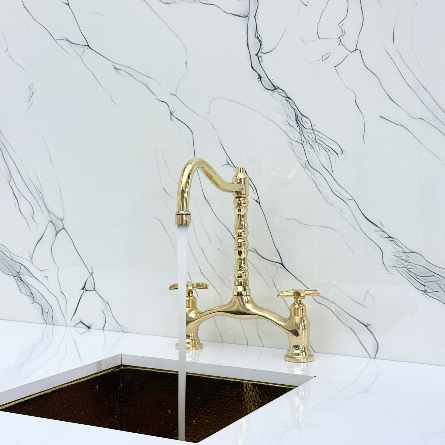 Unlacquered Brass Victorian Bridge Kitchen Faucet with Sprayer, Drinking Water Tap and Cross Handles