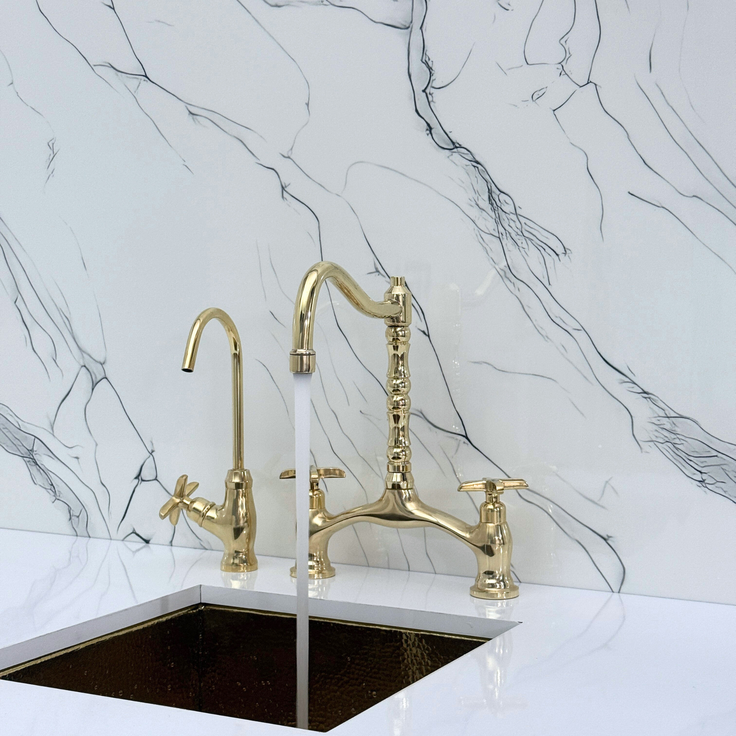 Unlacquered Brass Victorian Bridge Kitchen Faucet with Sprayer, Drinking Water Tap and Cross Handles