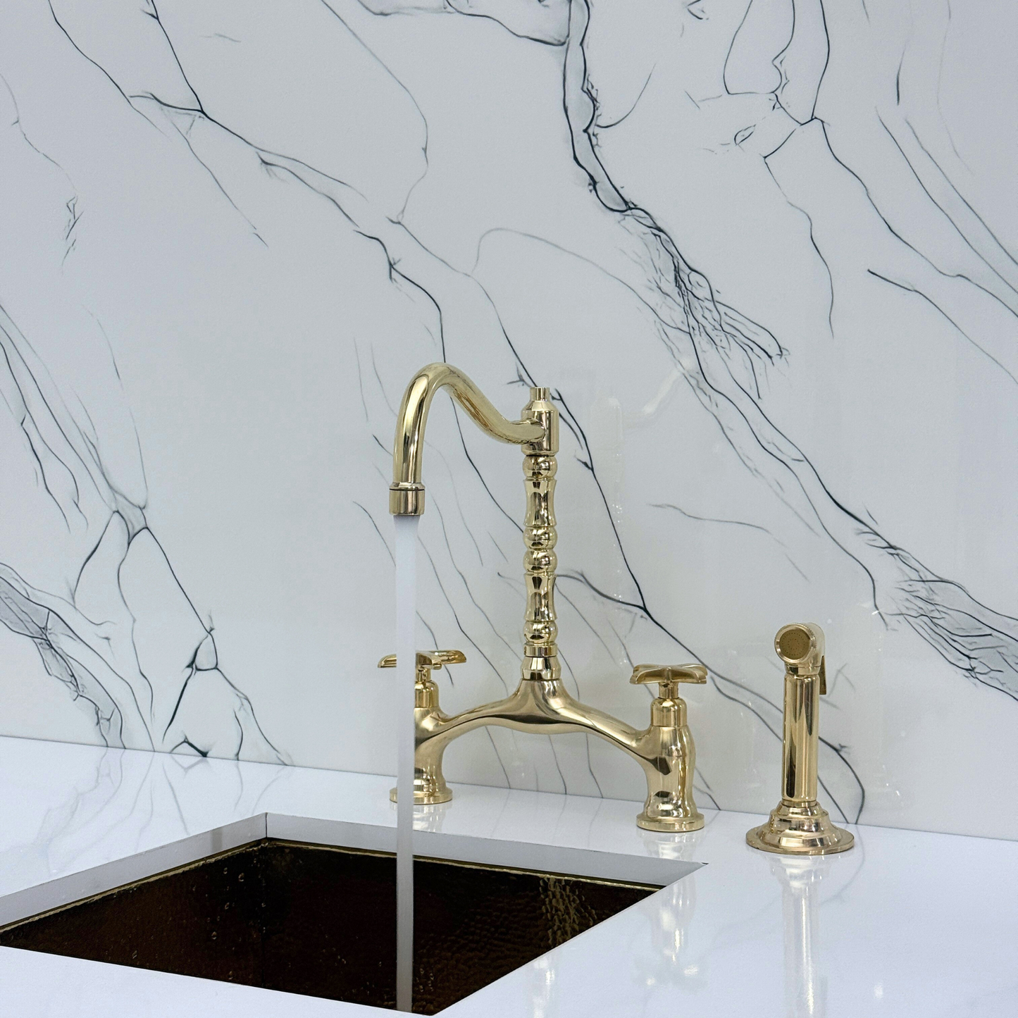 Unlacquered Brass Victorian Bridge Kitchen Faucet with Sprayer, Drinking Water Tap and Cross Handles