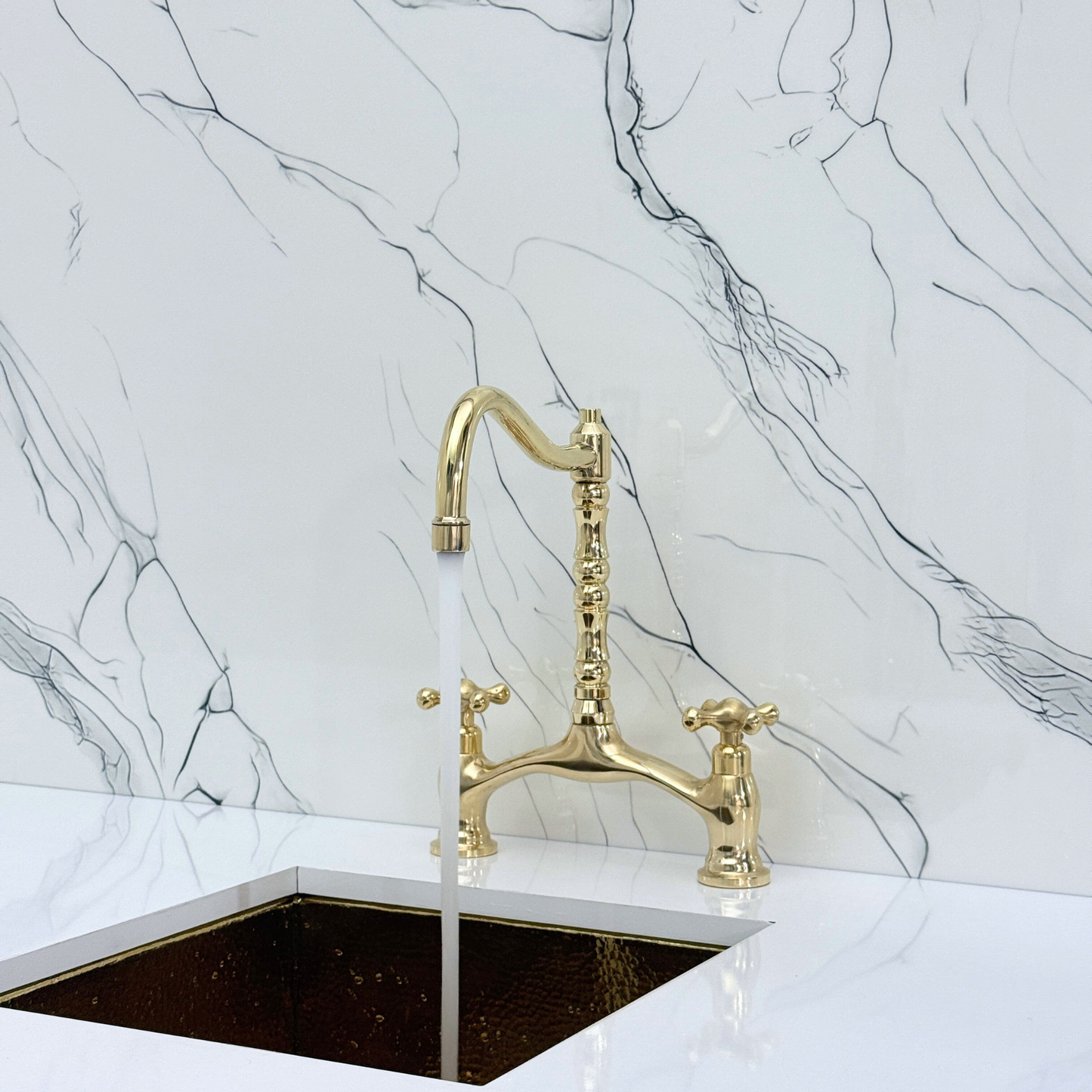 Unlacquered Brass Victorian Bridge Kitchen Faucet with Sprayer, Drinking Water Tap and Cross Handles