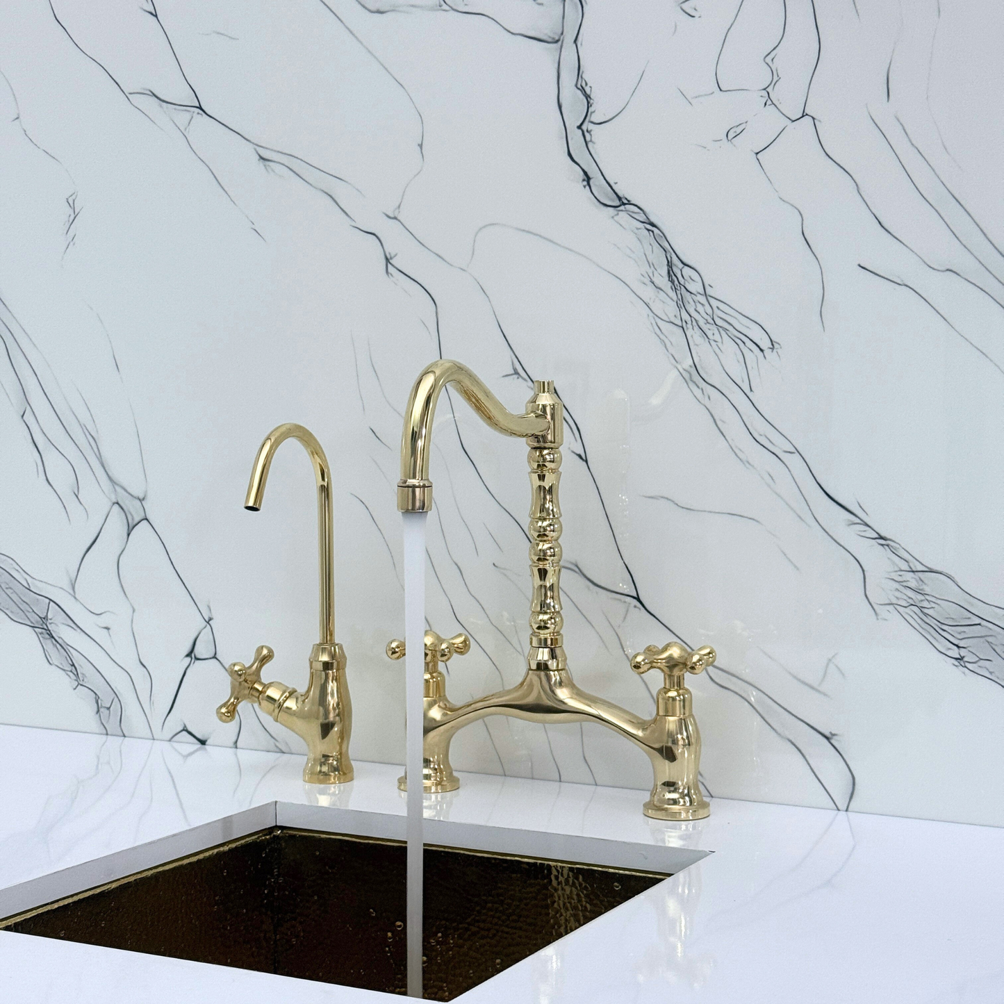 Unlacquered Brass Victorian Bridge Kitchen Faucet with Sprayer, Drinking Water Tap and Cross Handles
