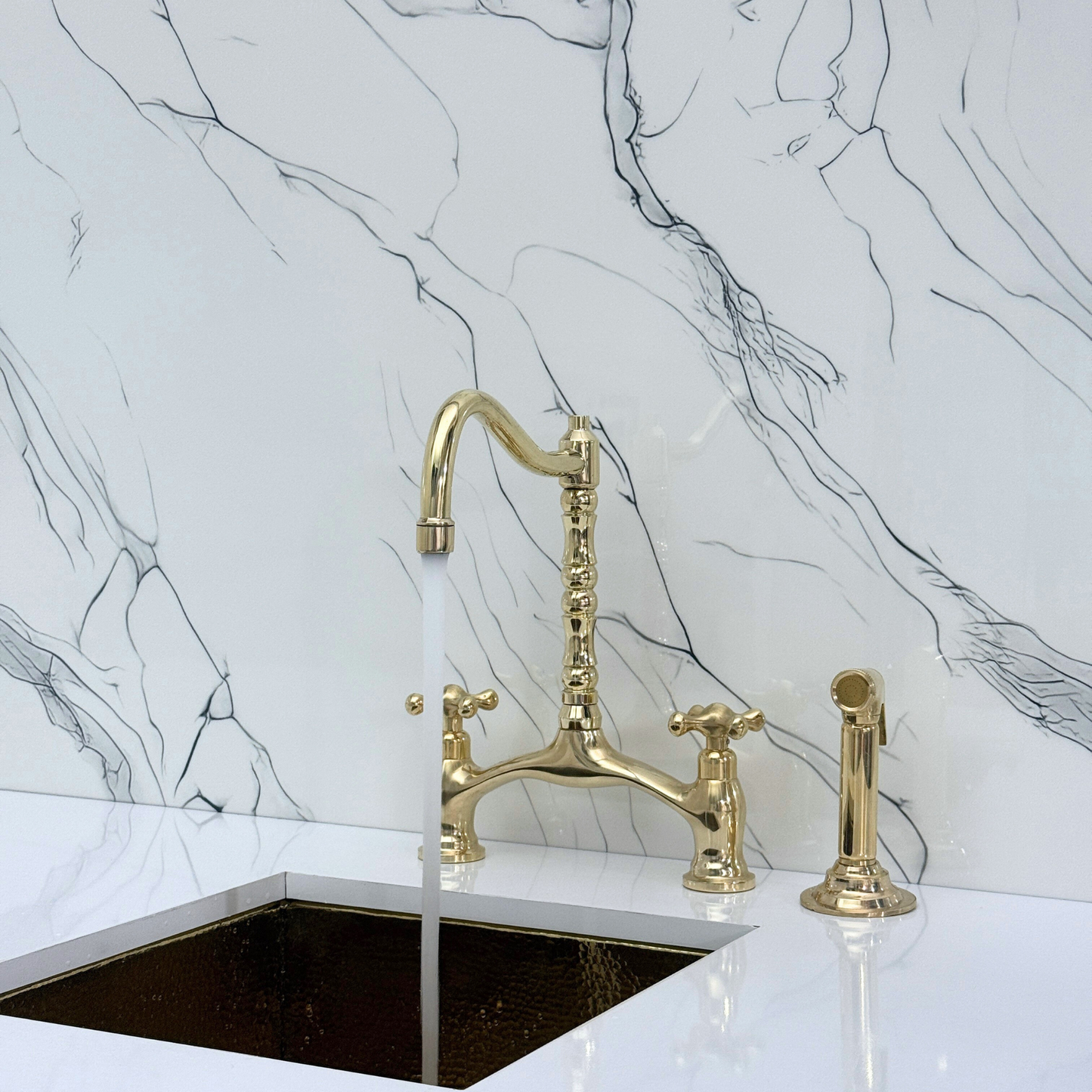 Unlacquered Brass Victorian Bridge Kitchen Faucet with Sprayer, Drinking Water Tap and Cross Handles