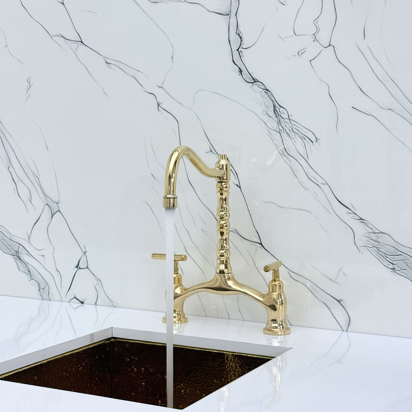 Unlacquered Brass Victorian Bridge Kitchen Faucet with Sprayer, Drinking Water Tap and Lever Handles