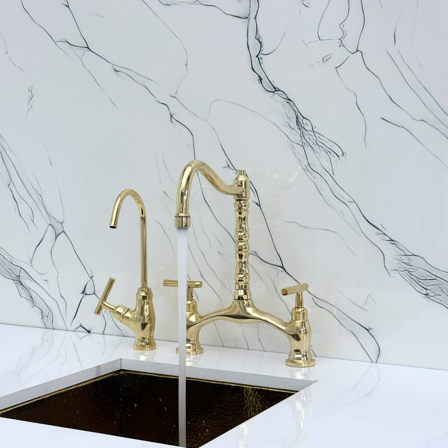 Unlacquered Brass Victorian Bridge Kitchen Faucet with Sprayer, Drinking Water Tap and Lever Handles