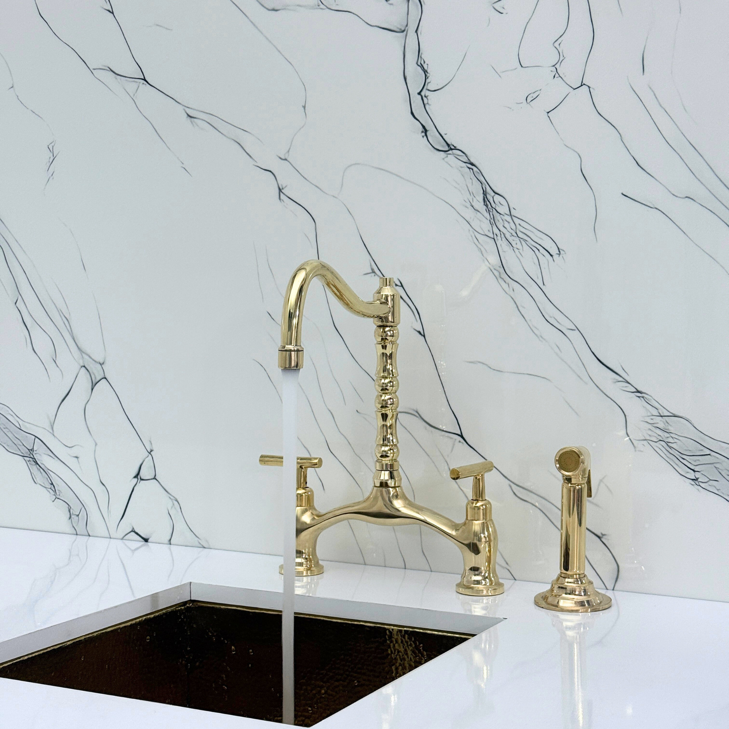 Unlacquered Brass Victorian Bridge Kitchen Faucet with Sprayer, Drinking Water Tap and Lever Handles