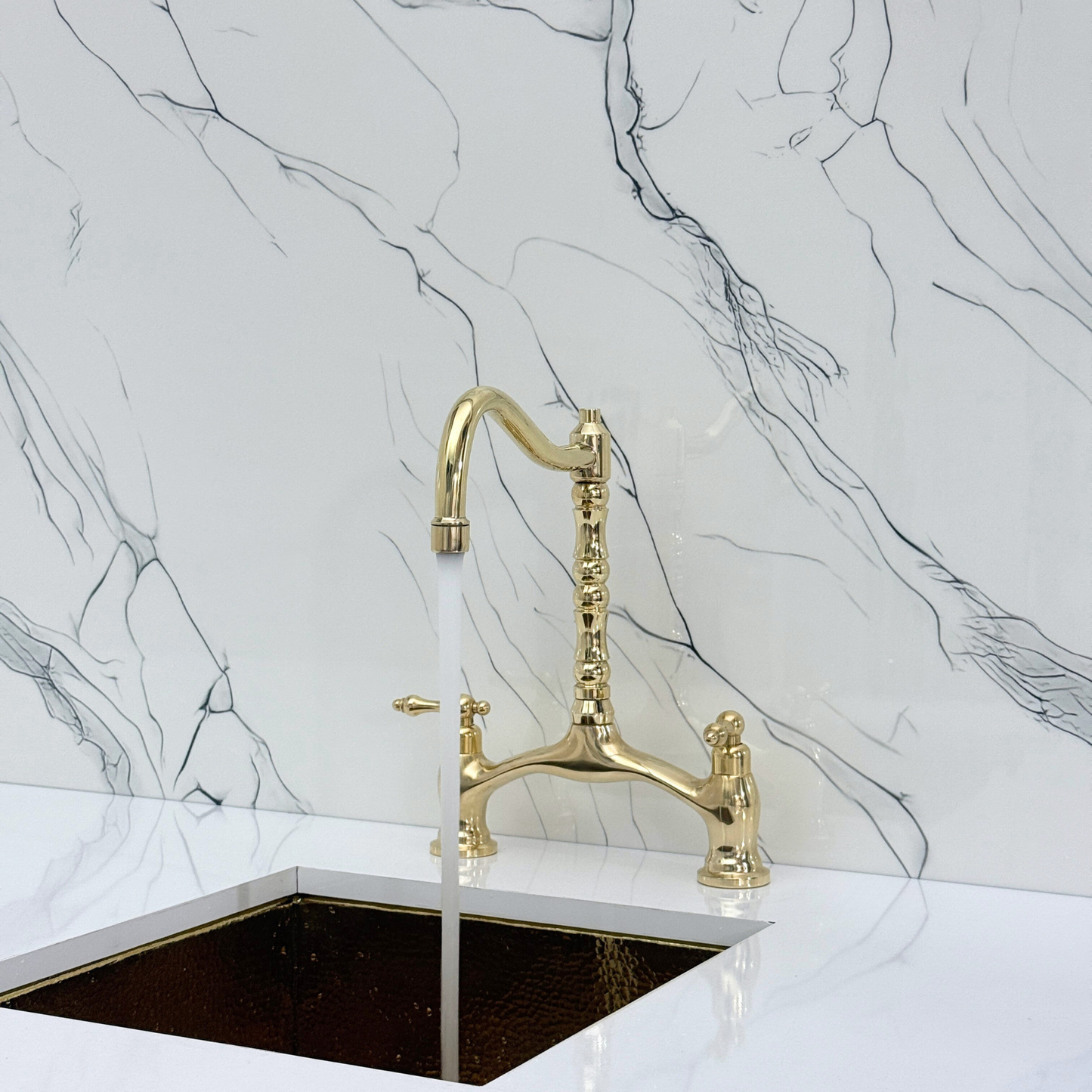 Unlacquered Brass Victorian Bridge Kitchen Faucet with Sprayer, Drinking Water Tap and Lever Handles