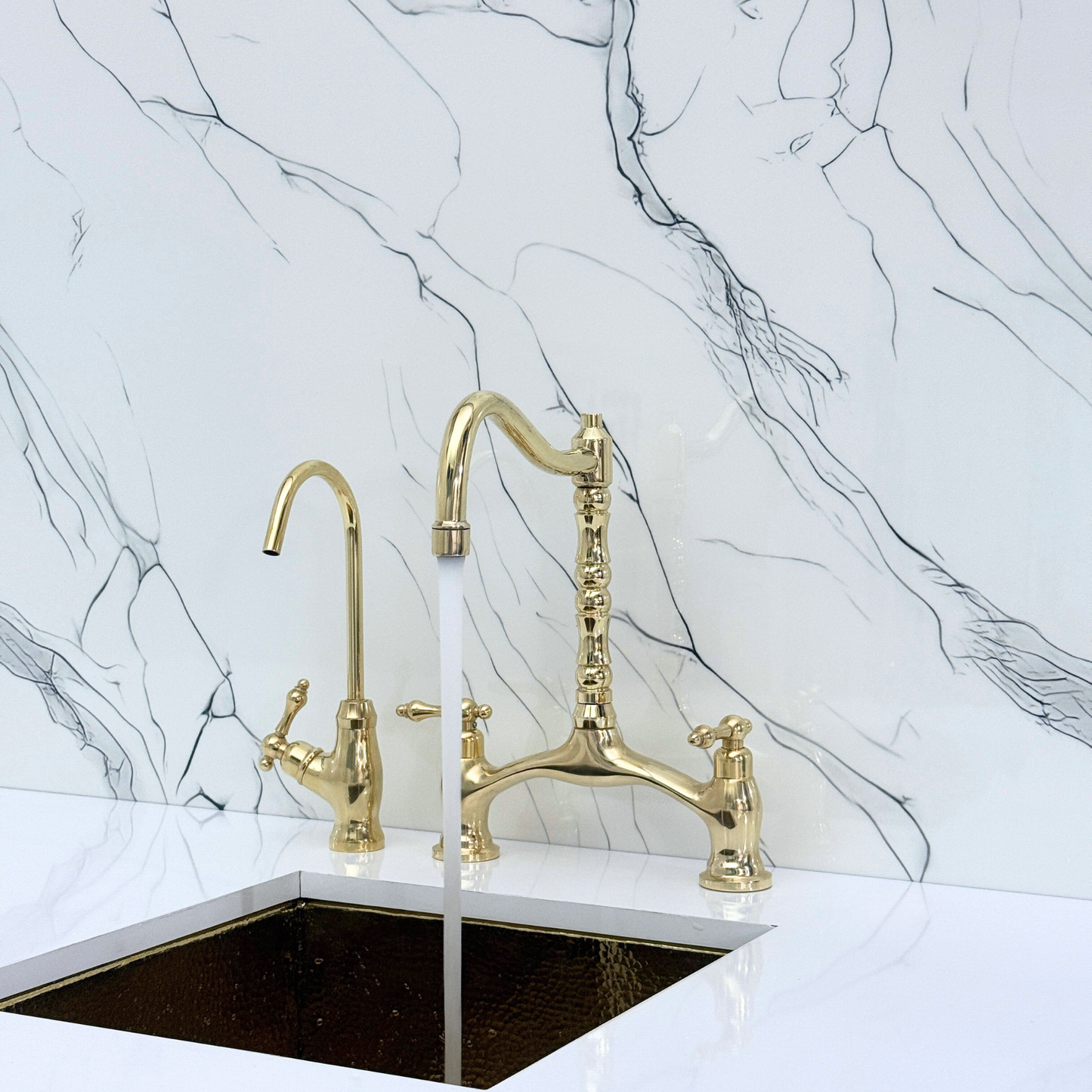 Unlacquered Brass Victorian Bridge Kitchen Faucet with Sprayer, Drinking Water Tap and Lever Handles
