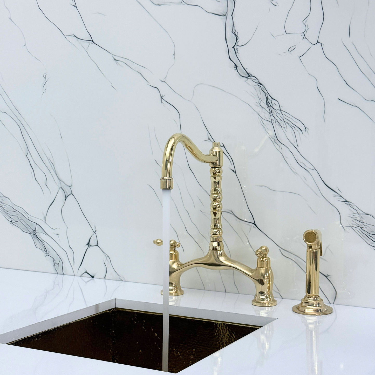 Unlacquered Brass Victorian Bridge Kitchen Faucet with Sprayer, Drinking Water Tap and Lever Handles