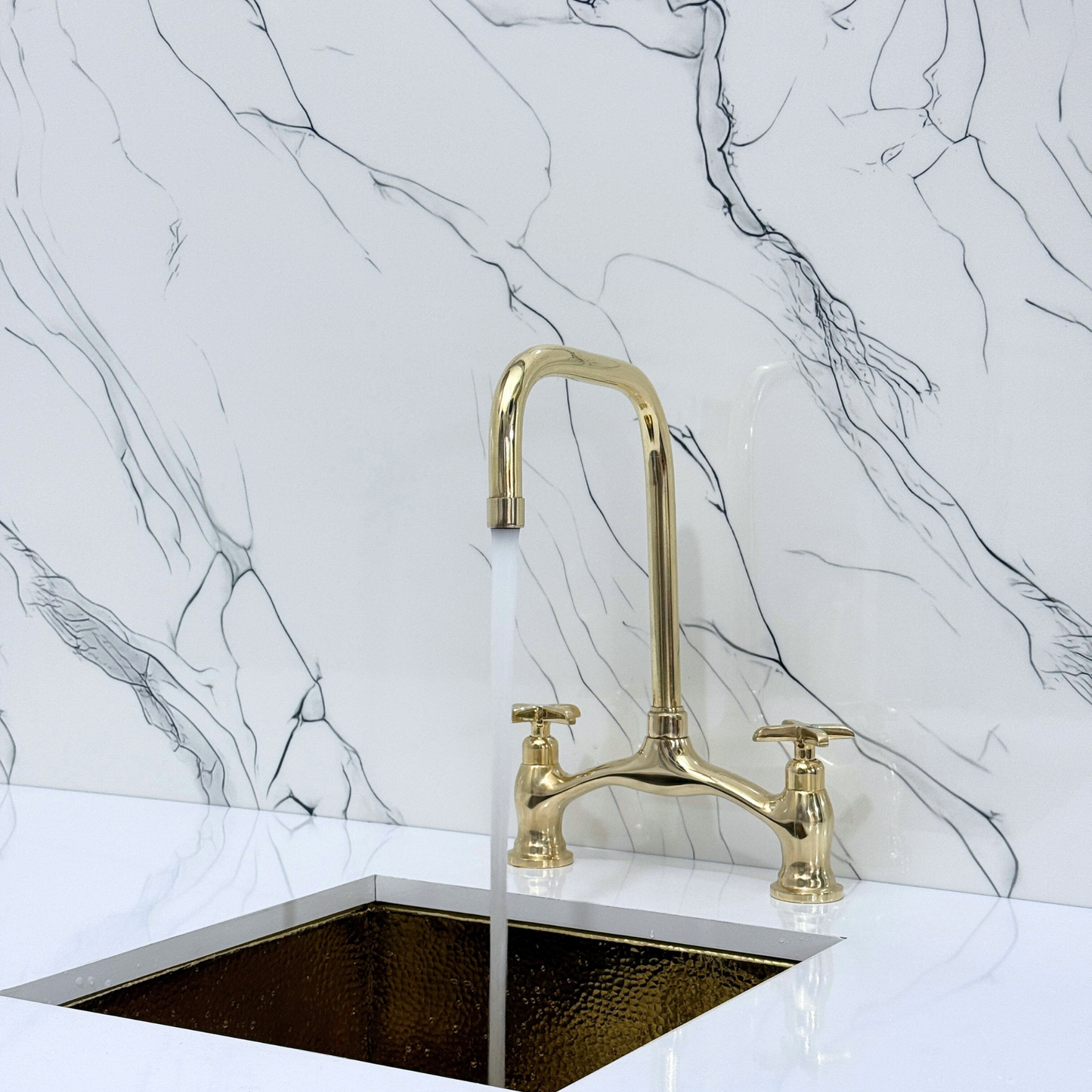 Unlacquered Brass Vintage Bridge Kitchen Faucet with Sprayer, Drinking Water Tap and Cross Handles
