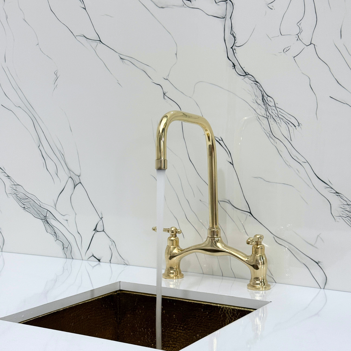 Unlacquered Brass Vintage Bridge Kitchen Faucet with Sprayer, Drinking Water Tap and Lever Handles