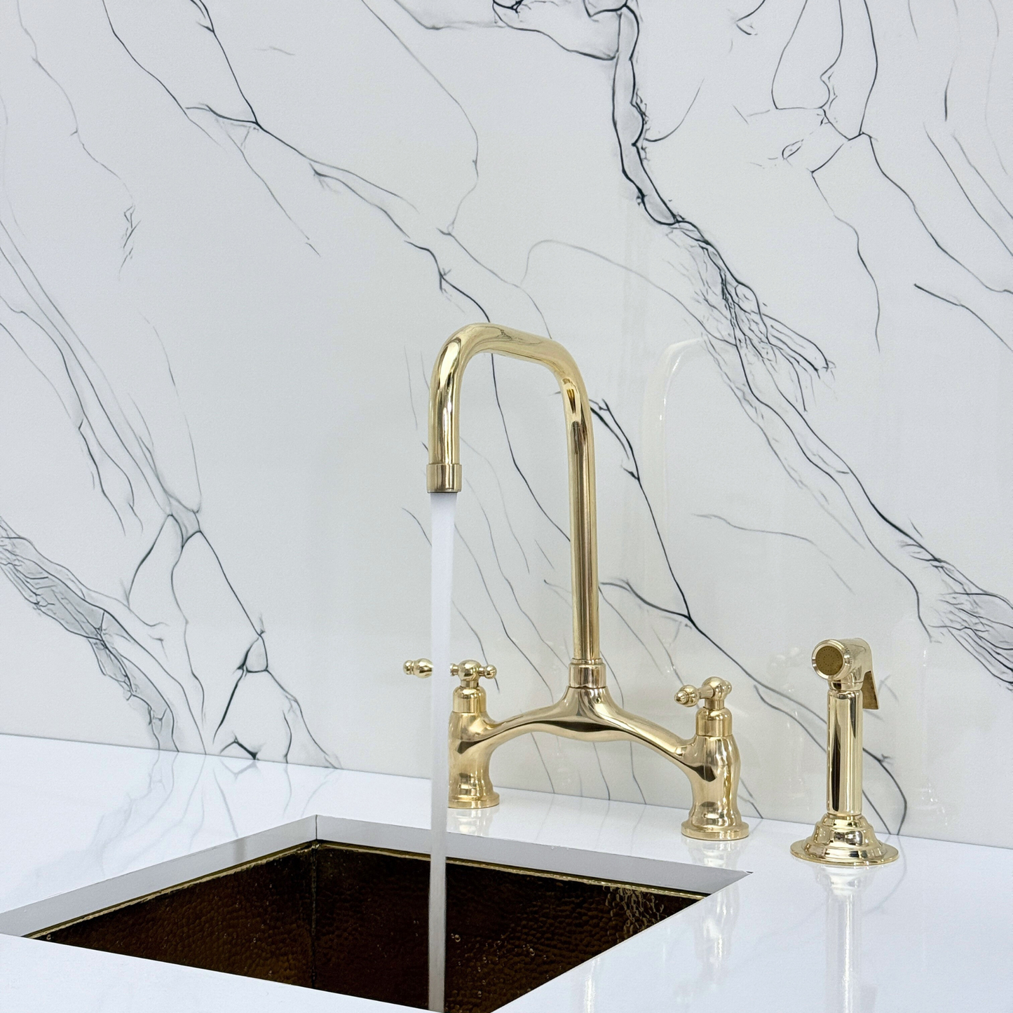 Unlacquered Brass Vintage Bridge Kitchen Faucet with Sprayer, Drinking Water Tap and Lever Handles