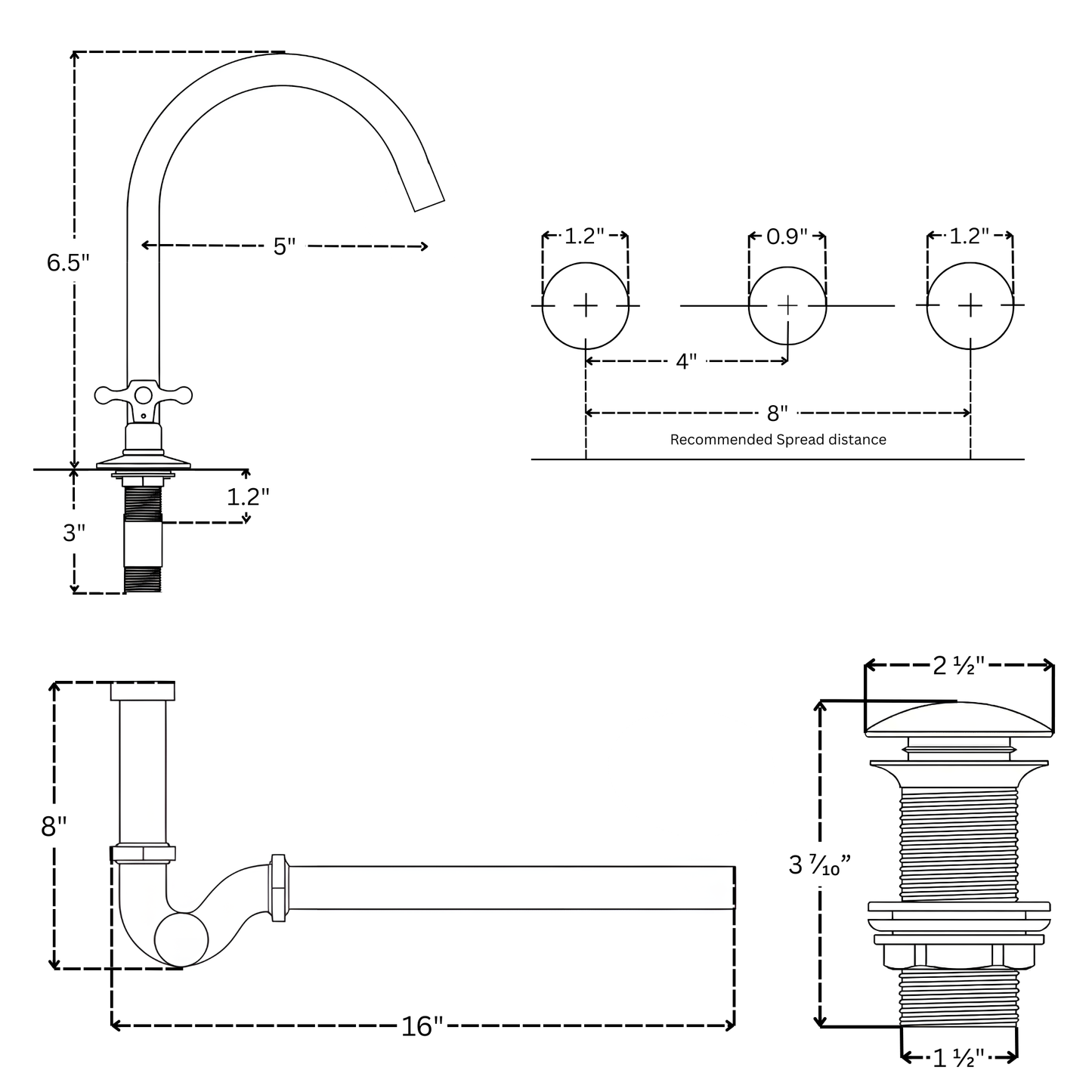 Unlacquered Brass Widespread Bathroom Sink Faucet With Cross Handles, Push-Up Drain & P-trap