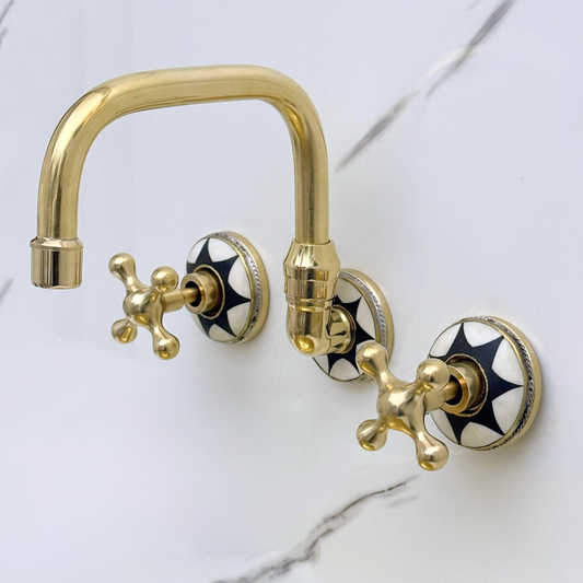 Unlacquered Brass and Resin Wall-Mount Bathroom Faucet with Cross Handles