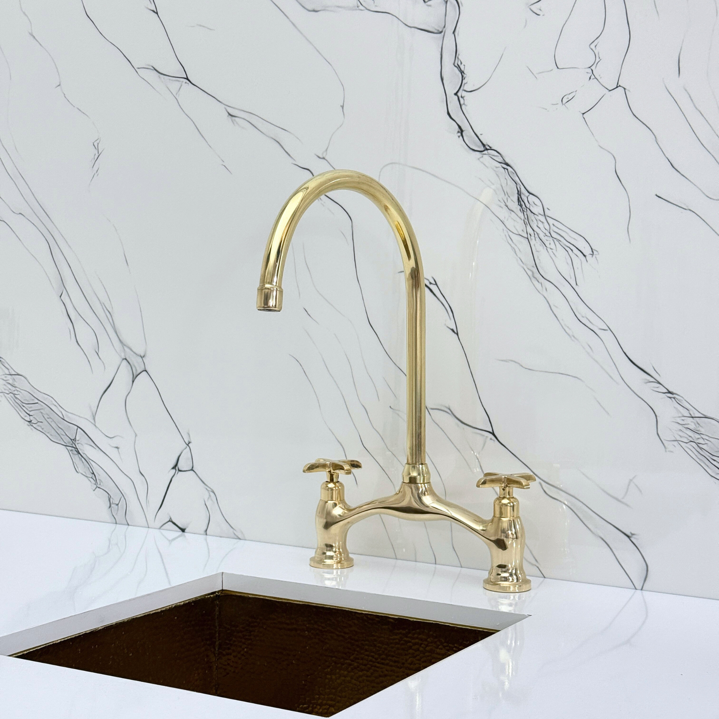 Unlacquered Brass Bridge Antique Faucet with Sprayer, Drinking Water Tap and Cross Handles