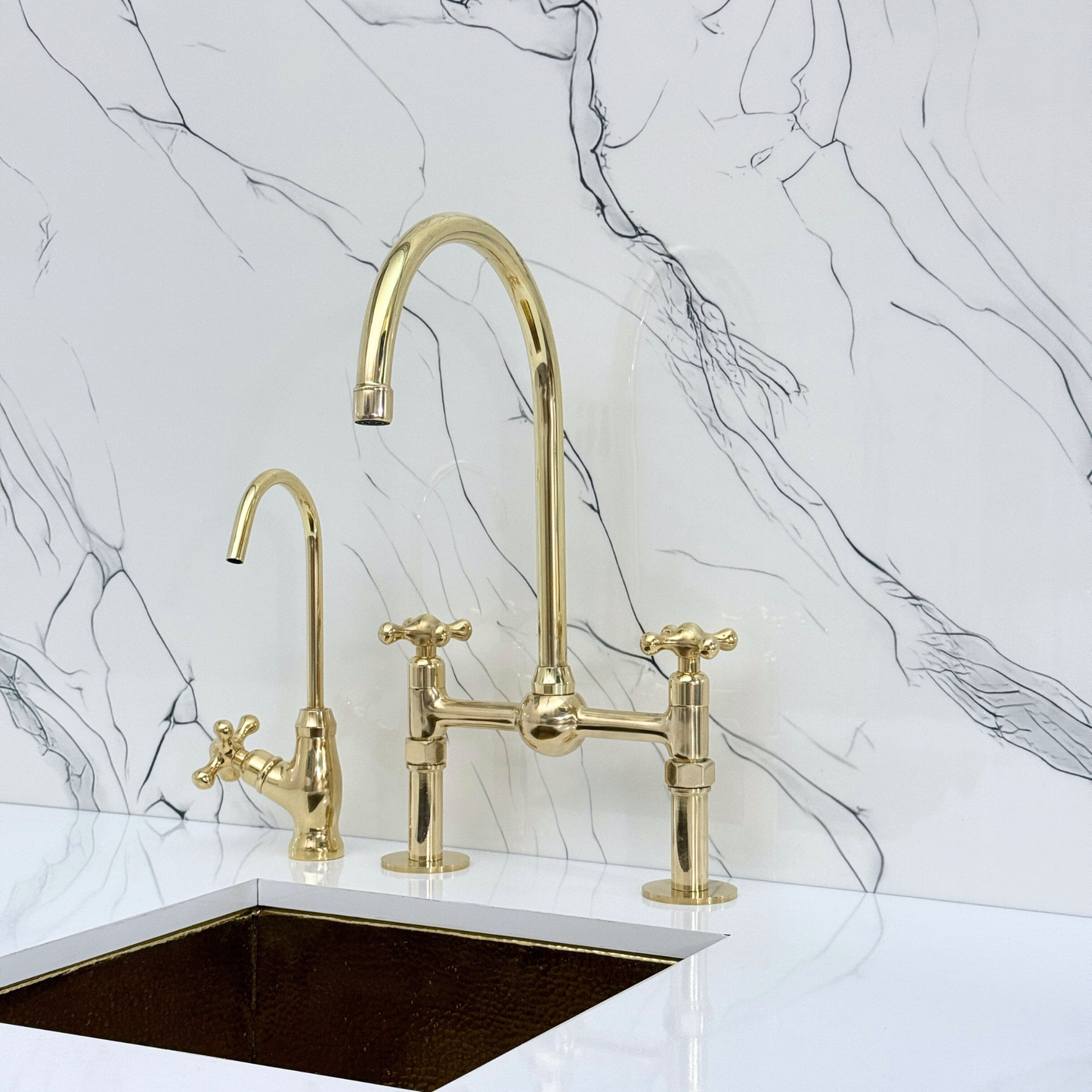 Unlacquered Brass Bridge Faucet with Sprayer, Cold Water Faucet, Straight Legs and Cross Handles