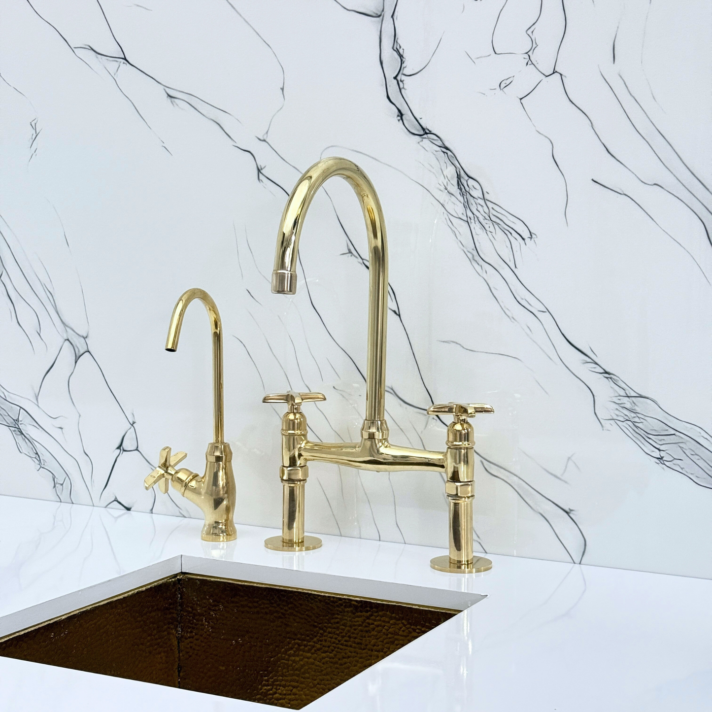 Unlacquered Brass Bridge Kitchen Faucet with Sprayer, Drinking Water Tap and Cross Handles