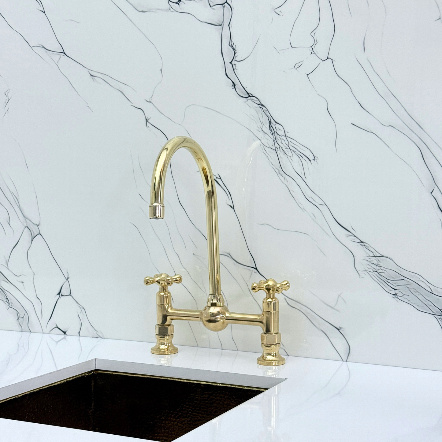 Unlacquered Brass Bridge Kitchen Faucet With Ball Center, Sprayer, Cold Water Faucet and Cross Handles