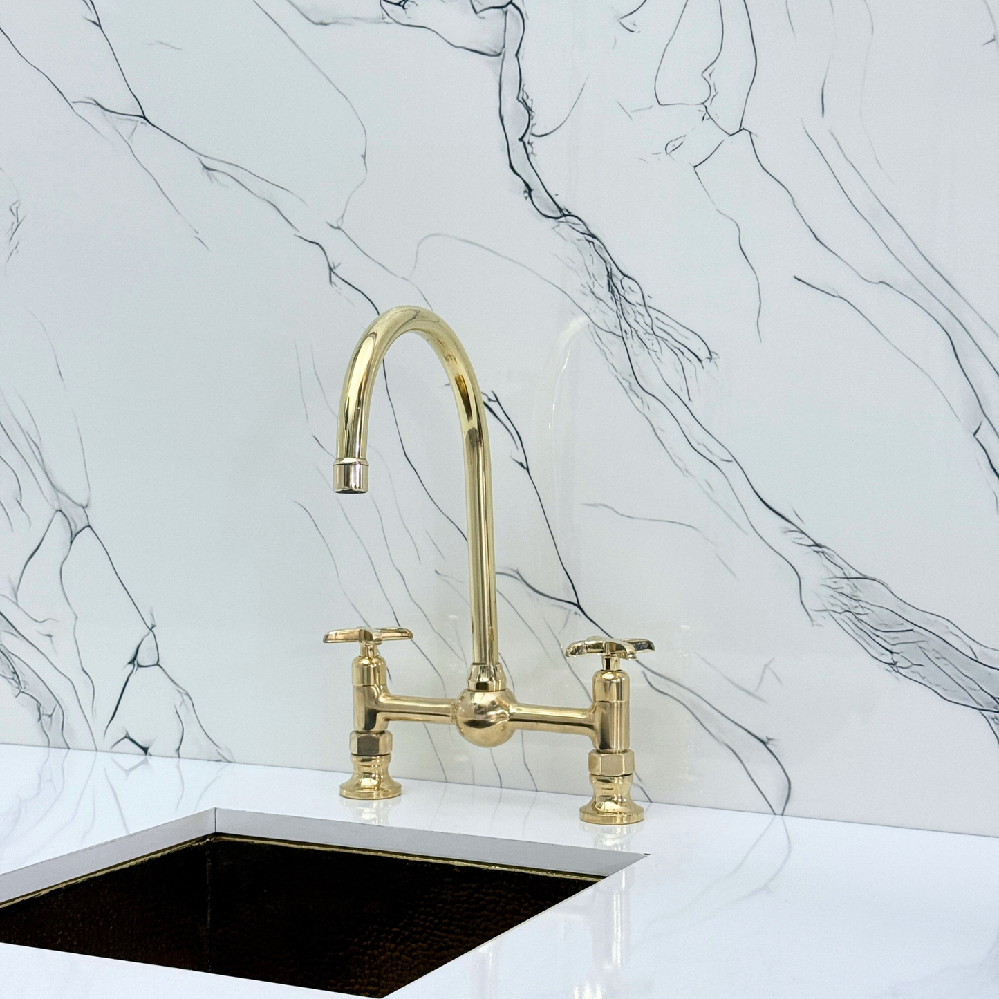 Unlacquered Brass Bridge Kitchen Faucet With Ball Center, Sprayer, Cold Water Faucet and Cross Handles