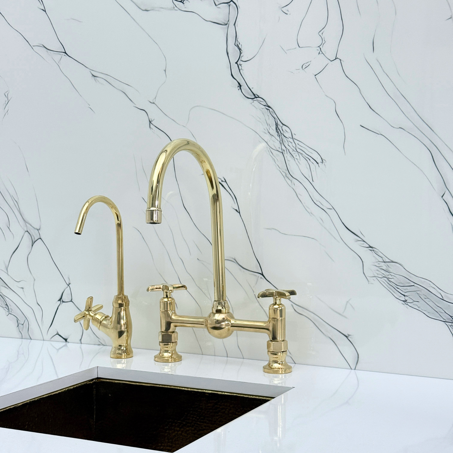 Unlacquered Brass Bridge Kitchen Faucet With Ball Center, Sprayer, Cold Water Faucet and Cross Handles
