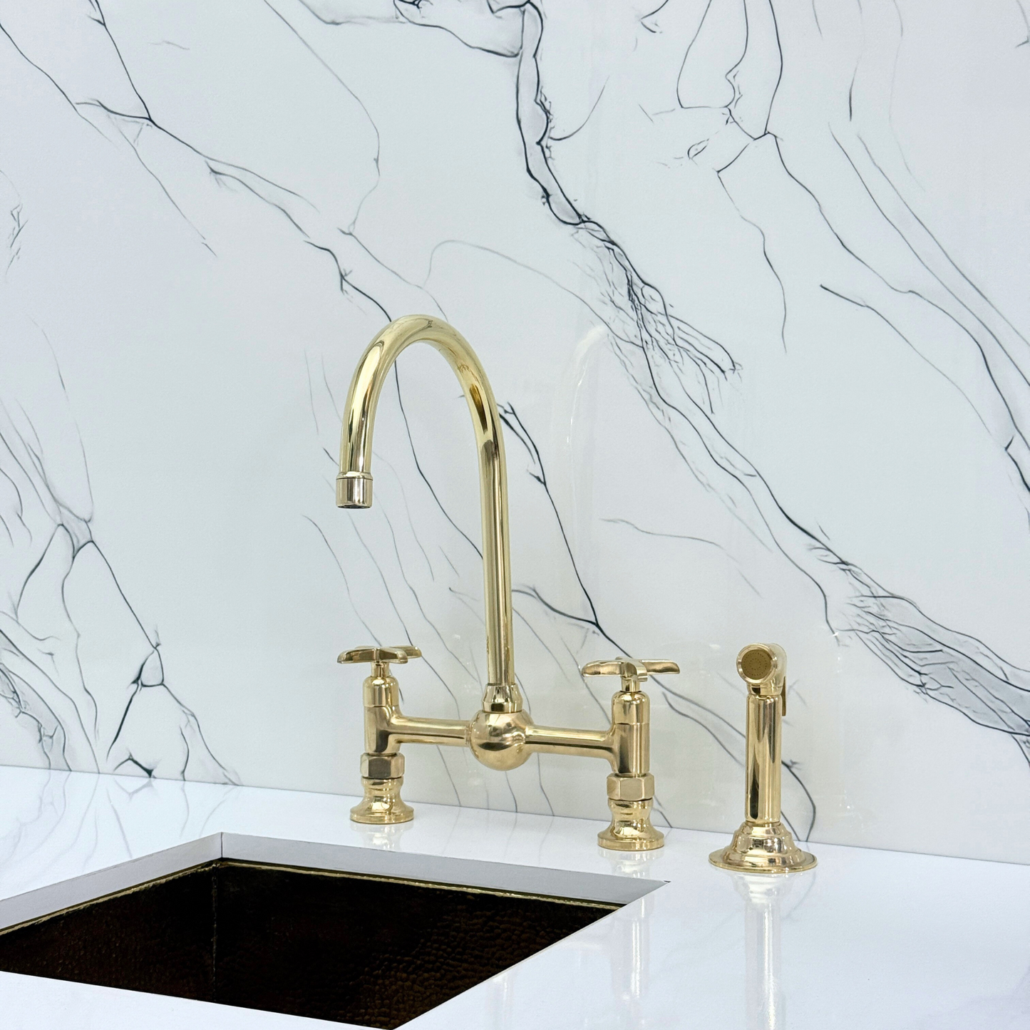 Unlacquered Brass Bridge Kitchen Faucet With Ball Center, Sprayer, Cold Water Faucet and Cross Handles