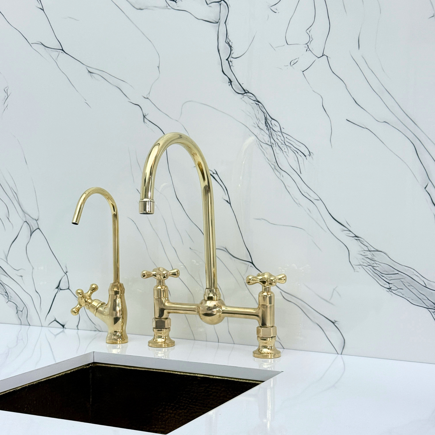 Unlacquered Brass Bridge Kitchen Faucet With Ball Center, Sprayer, Cold Water Faucet and Cross Handles