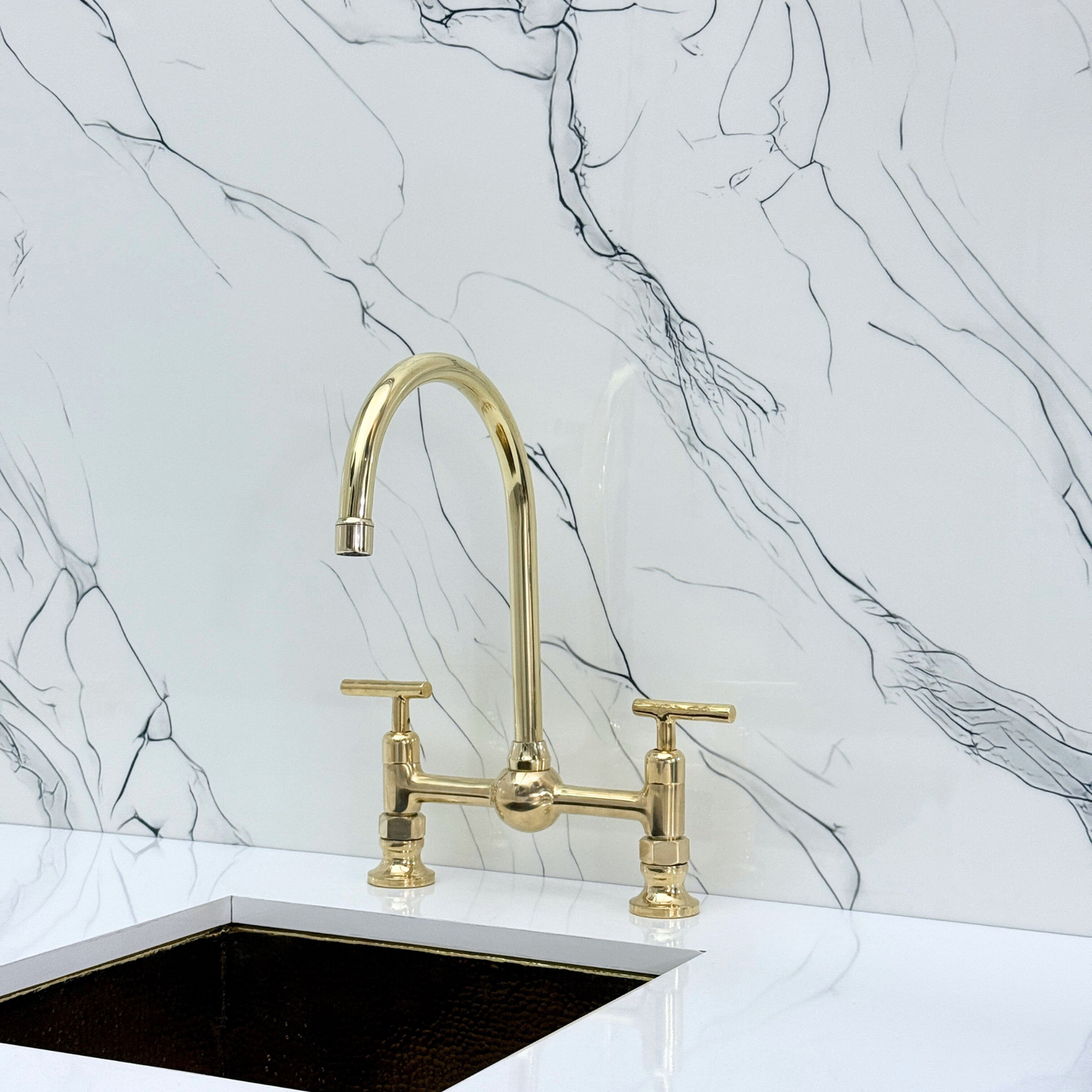 Unlacquered Brass Bridge Kitchen Faucet With Ball Center, Sprayer, Cold Water Faucet and Lever Handles