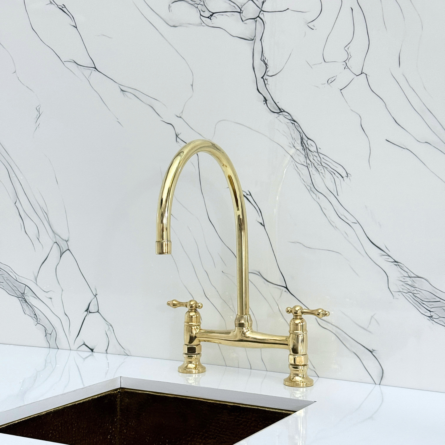 Unlacquered Brass Bridge Kitchen Faucet with Cold Water Faucet, Sprayer, and Lever Handles