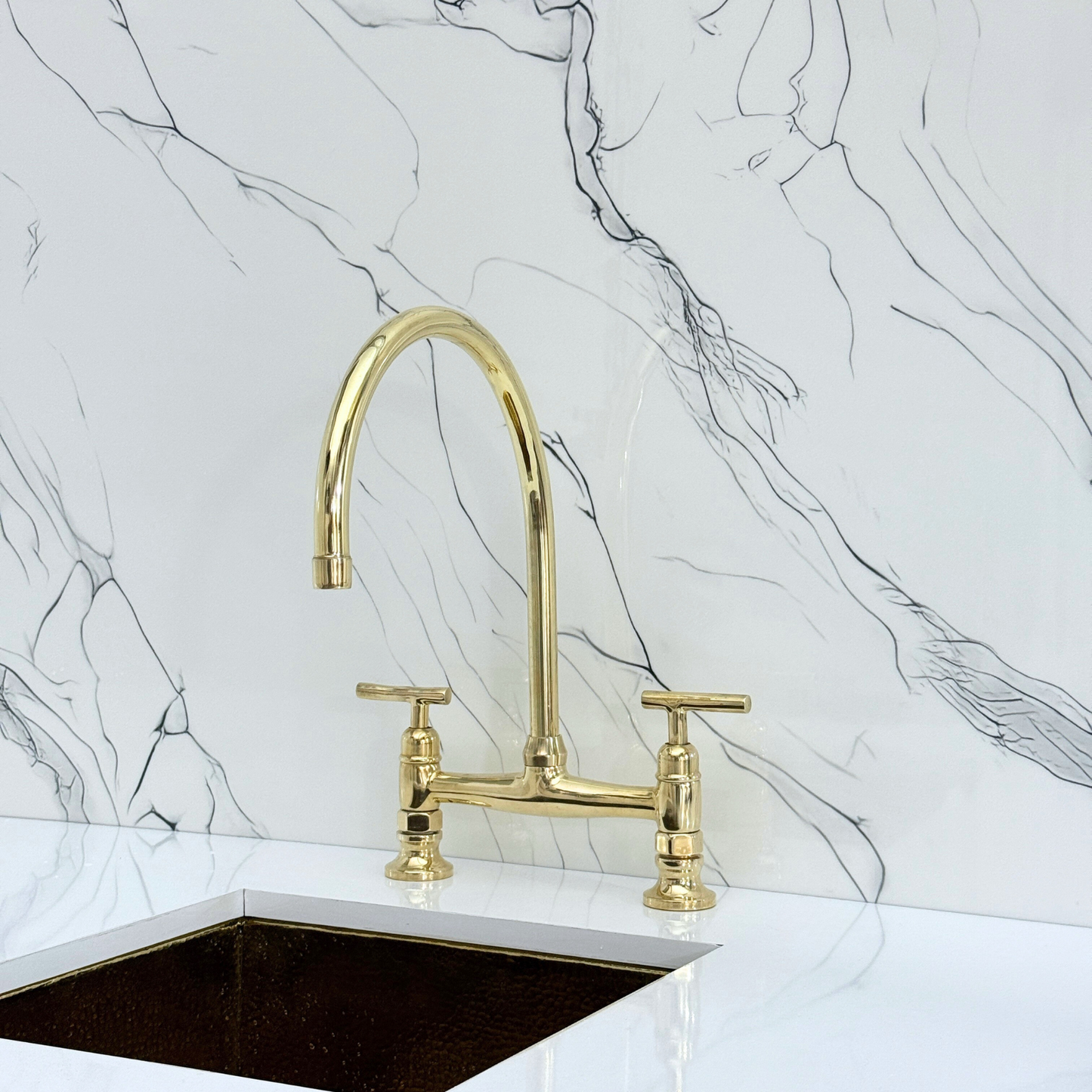Unlacquered Brass Bridge Kitchen Faucet with Cold Water Faucet, Sprayer, and Lever Handles