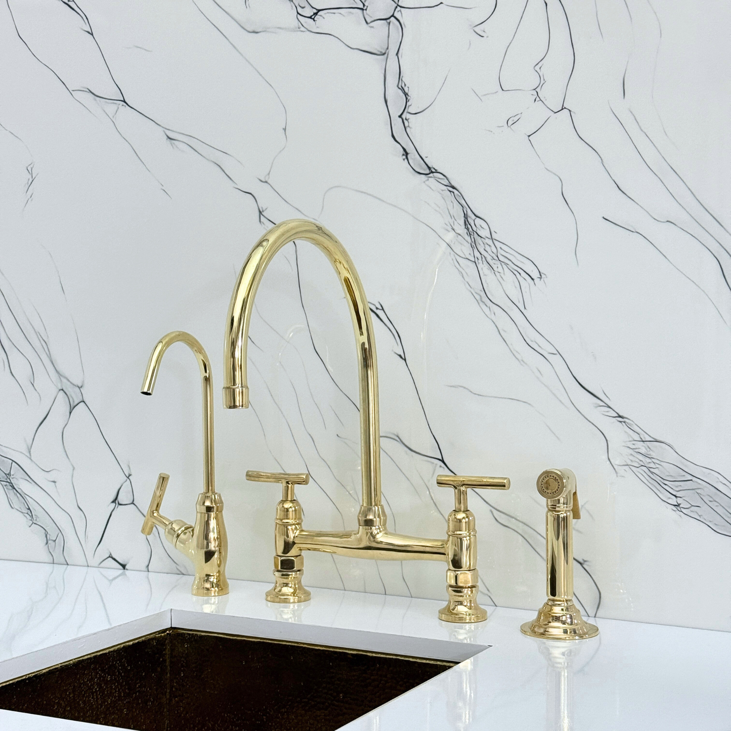 Unlacquered Brass Bridge Kitchen Faucet with Cold Water Faucet, Sprayer, and Lever Handles