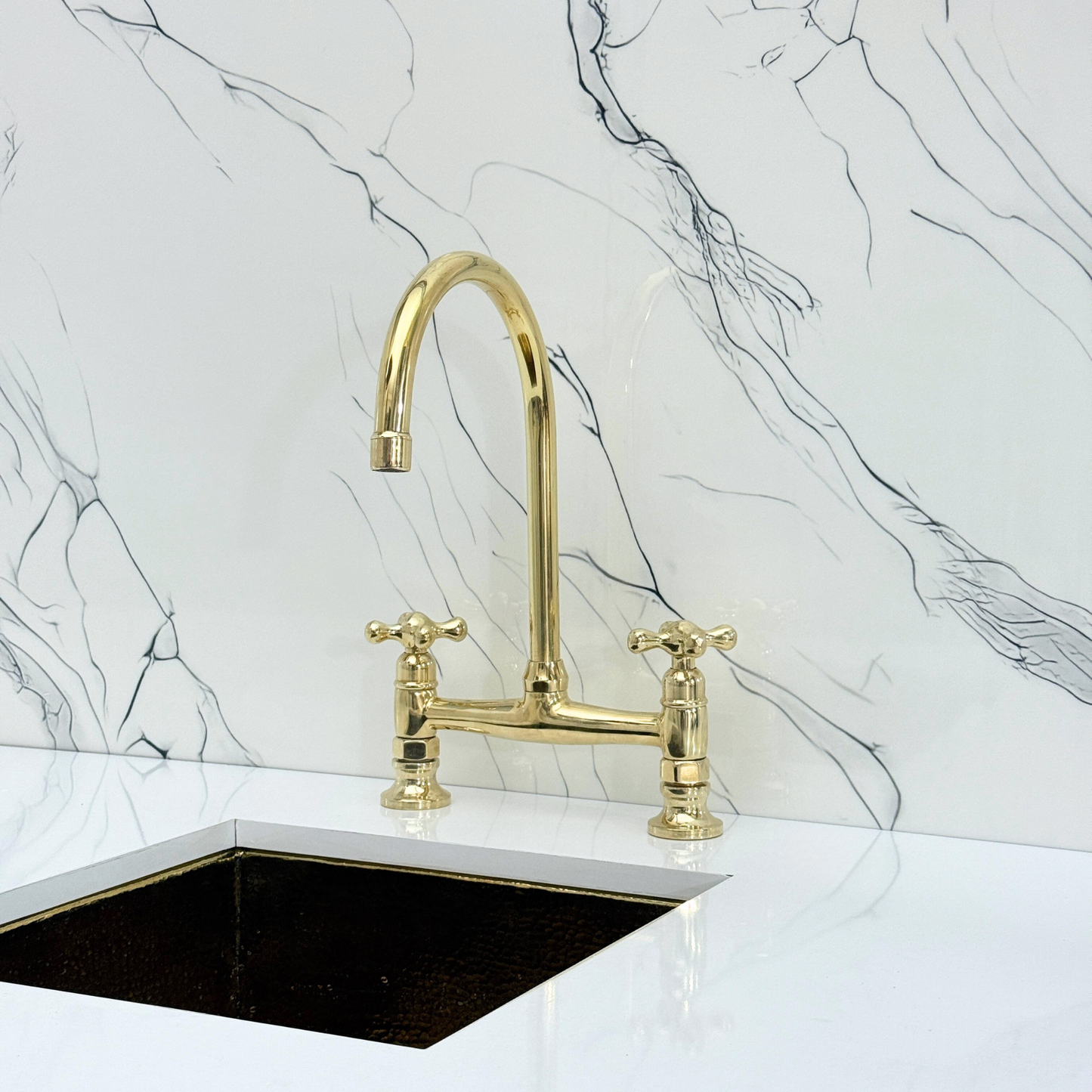 Unlacquered Brass Bridge Kitchen Faucet with Sprayer, Cold Water Faucet and Cross Handles