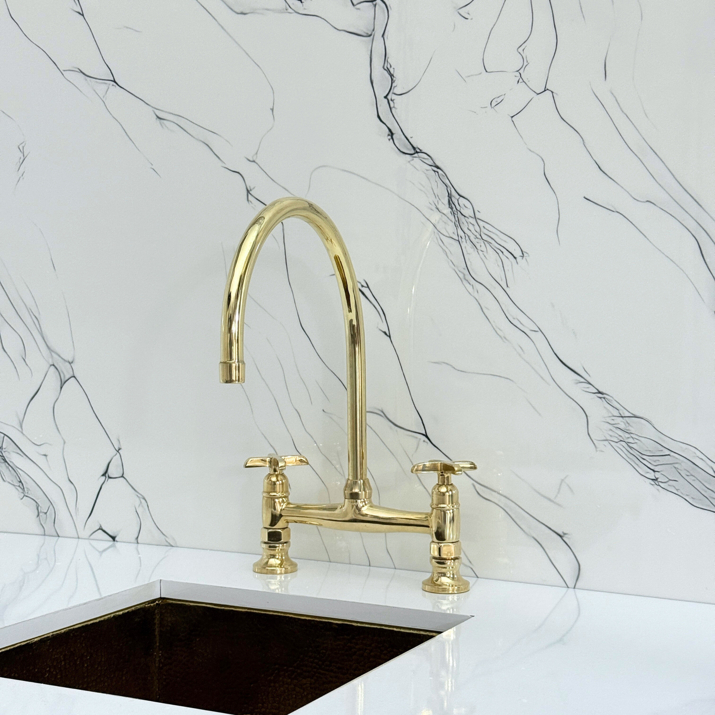 Unlacquered Brass Bridge Kitchen Faucet with Cold Water Faucet, Sprayer, and Cross Handles