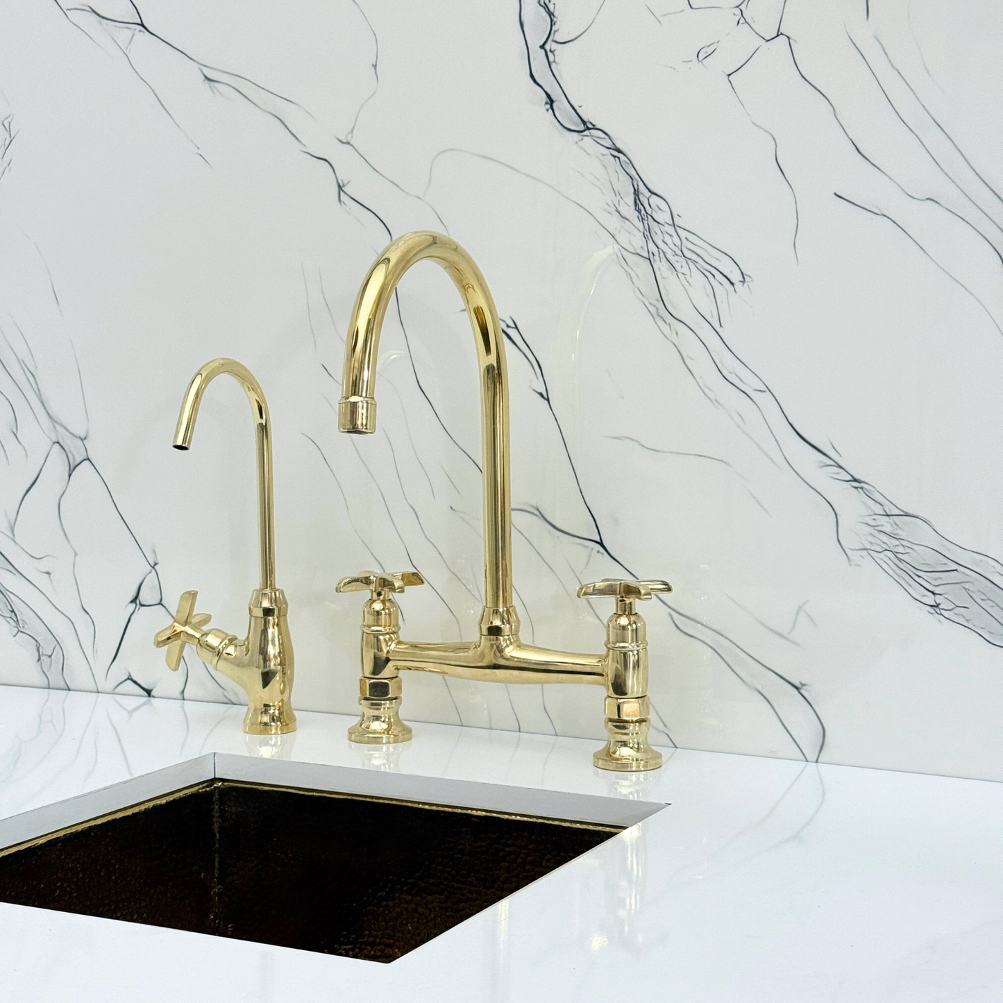 Unlacquered Brass Bridge Kitchen Faucet with Sprayer, Cold Water Faucet and Cross Handles