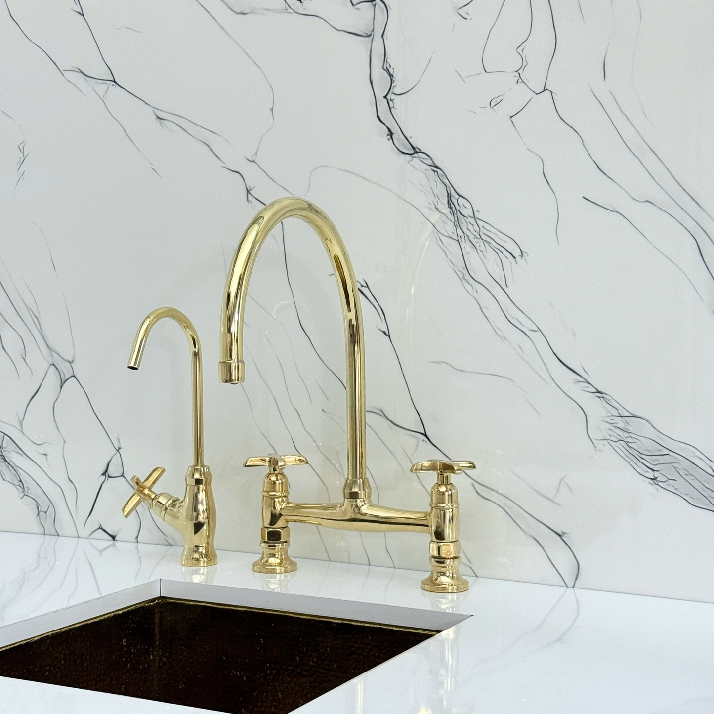 Unlacquered Brass Bridge Kitchen Faucet with Cold Water Faucet, Sprayer, and Cross Handles