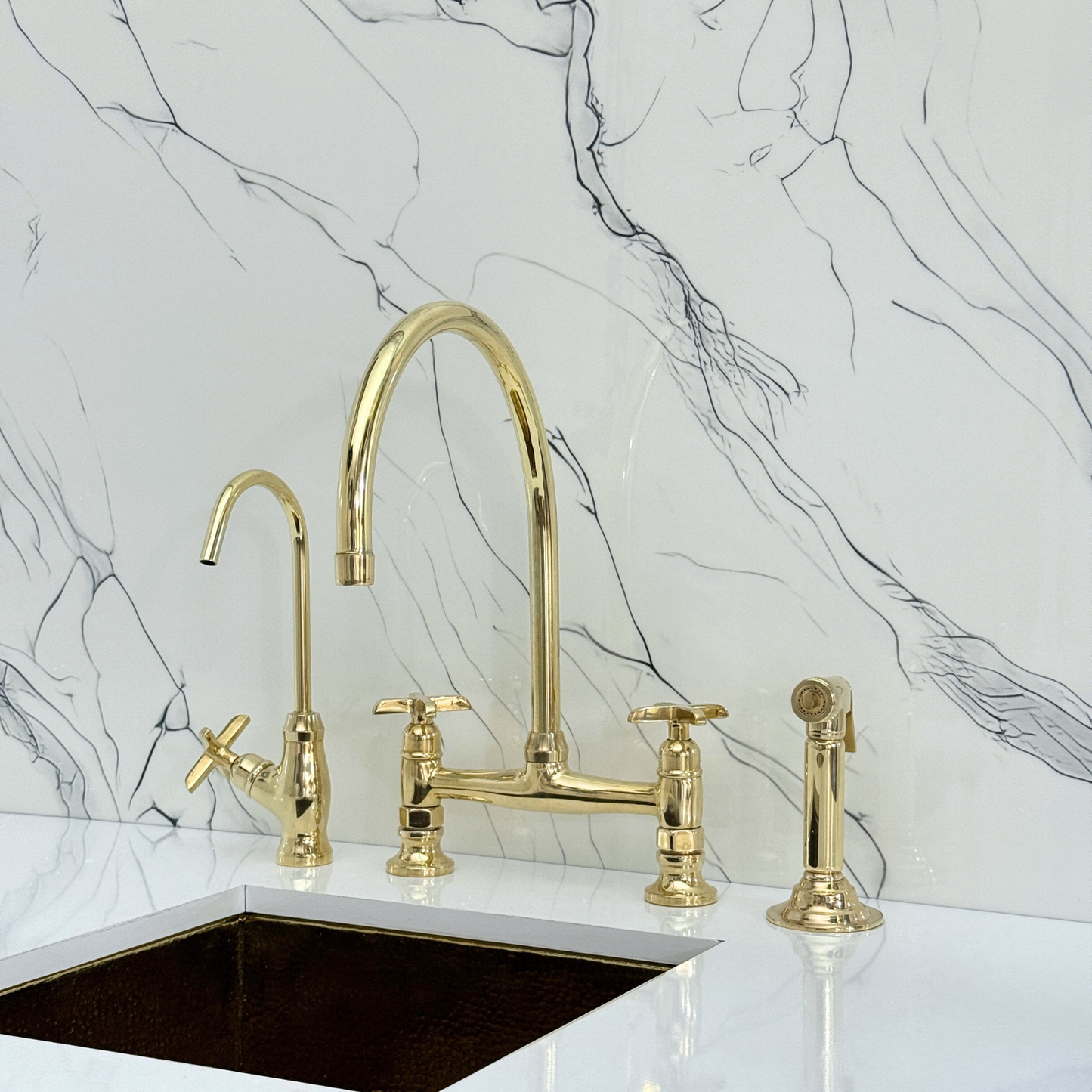Unlacquered Brass Bridge Kitchen Faucet with Cold Water Faucet, Sprayer, and Cross Handles