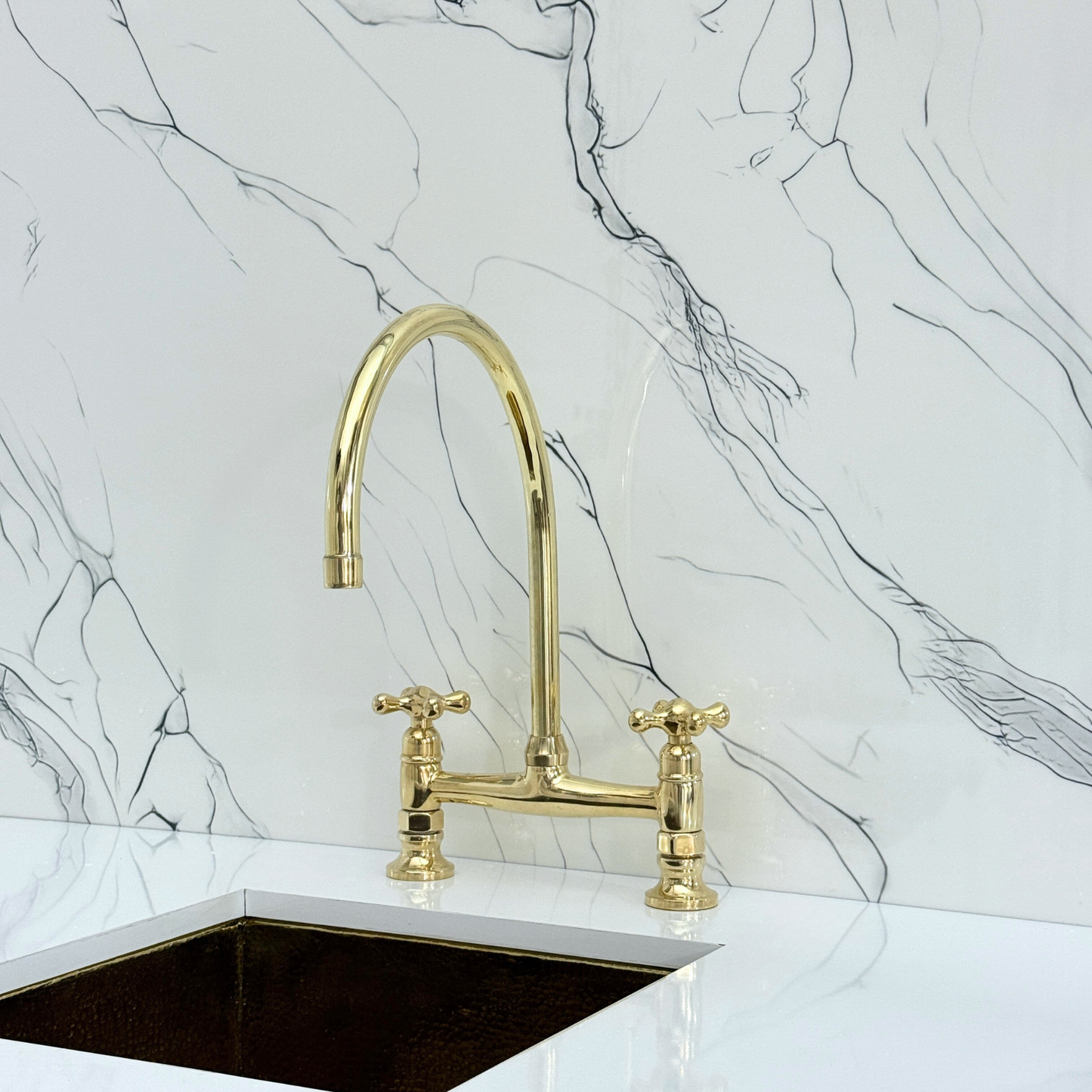 Unlacquered Brass Bridge Kitchen Faucet with Cold Water Faucet, Sprayer, and Cross Handles